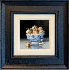 Hen & Quail Eggs in Bowl- original still life oil painting-contemporary art