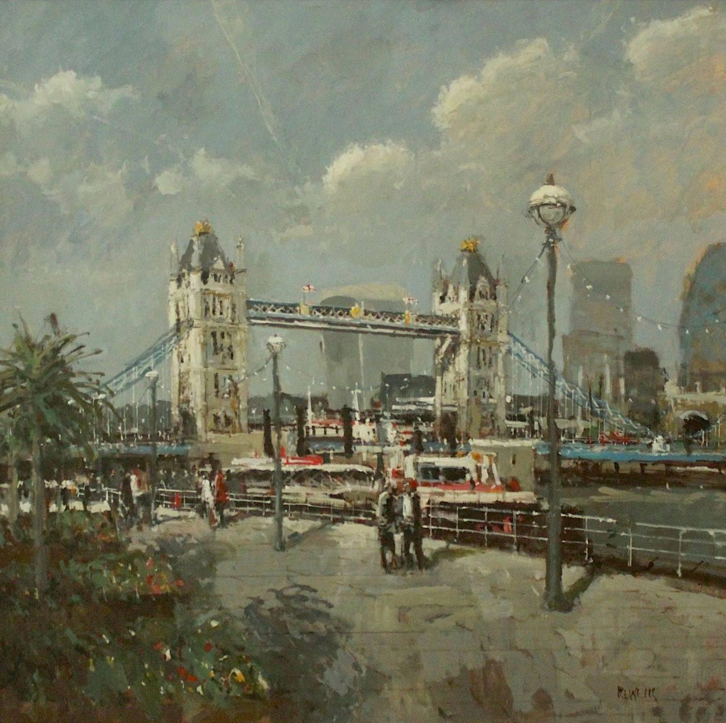 Tower Bridge original landscape painting - Painting by Robert E. Wells