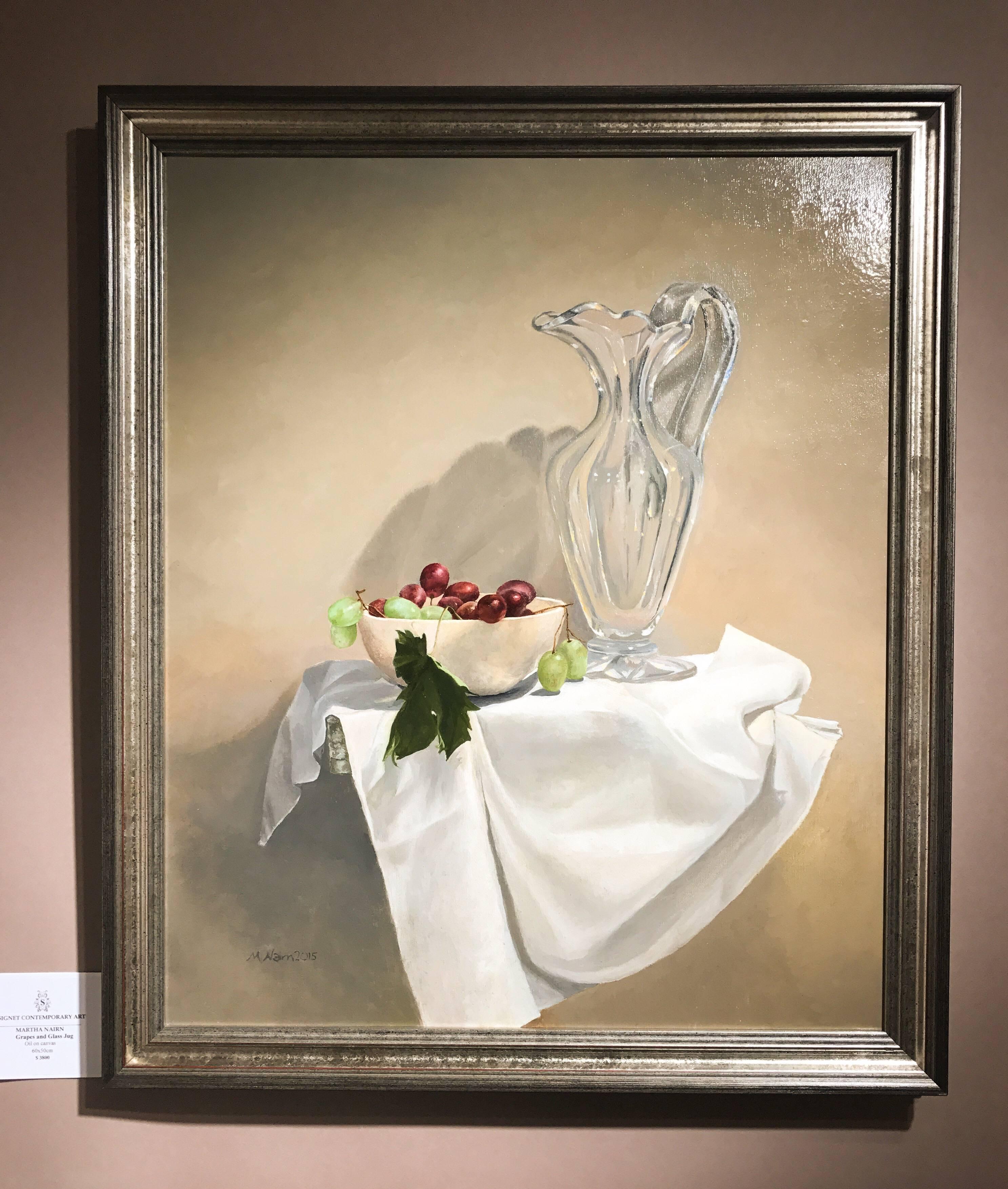 Grapes in a glass jug original realism still life painting - Realist Painting by Martha Nairn