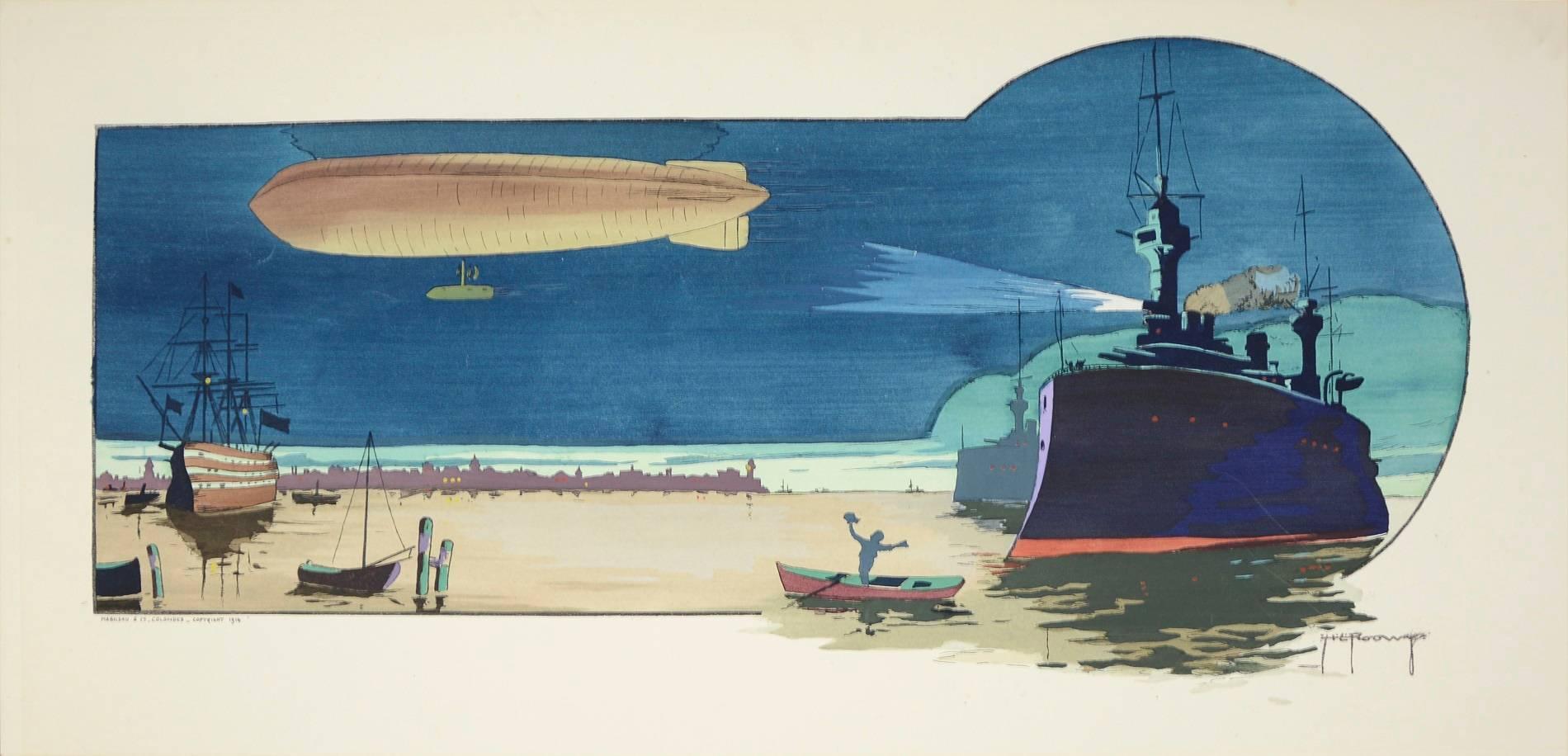 GAMY & Ernest Montaut Landscape Print - Gamy-Montaut, Zeppelin Night Scene with Battleships, coloured pochoir print