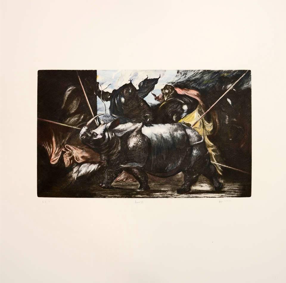 These etchings are closely related to a recent collection of paintings by Hugo Wilson that portray the most primal of all rituals, the hunt.  Hunting scenes were popular with wealthy collectors in the seventeenth and eighteenth centuries and