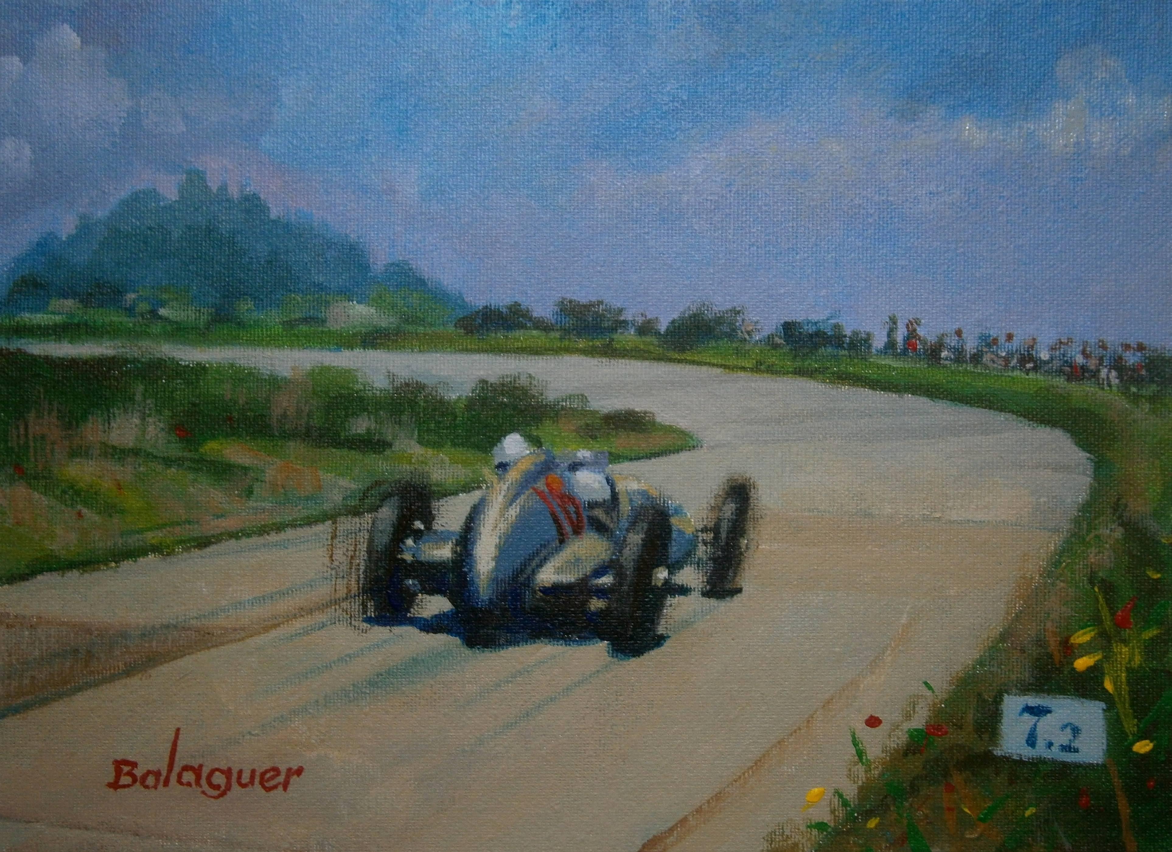 Alex BALAGUER Figurative Painting - ALEX BALAGUER - ORIGINAL- "Hermann Lang, Nürburgring 1937, Mercedes-Benz W125"