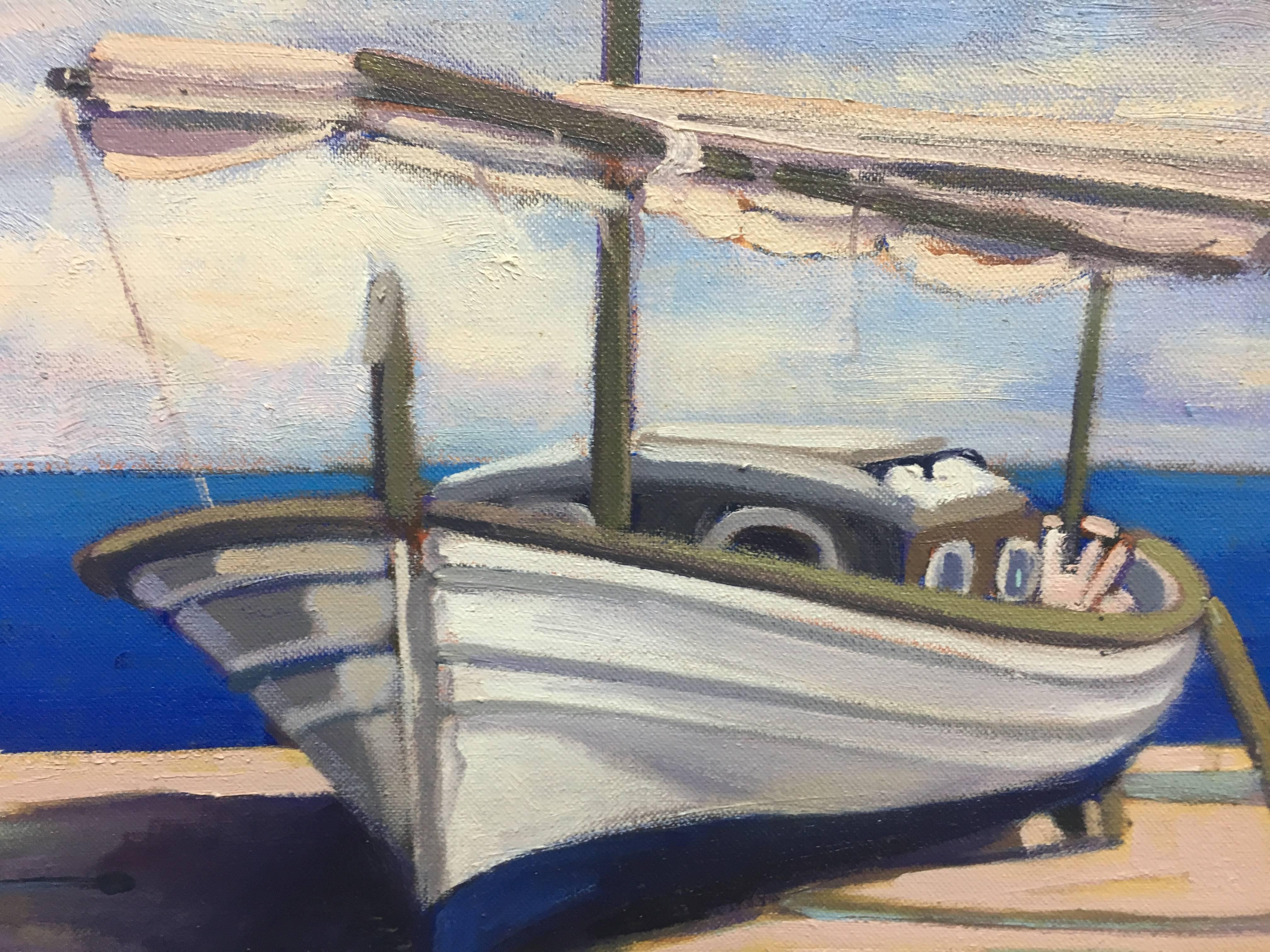 BOATS - Gray Figurative Painting by Joan Copons