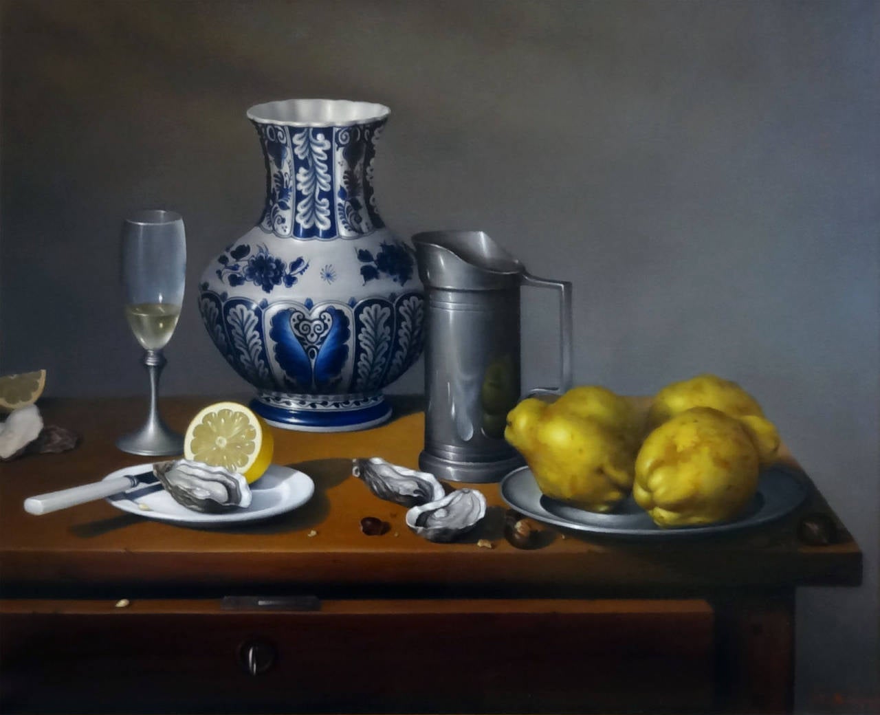 Jean-Yves Boissé Still-Life Painting - Huîtres, Coings et Pot Delft