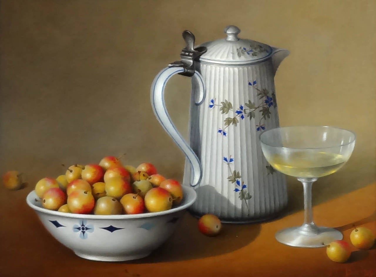 Jean-Yves Boissé Still-Life Painting - Mirabelles, Pichet, et Verre à Vin