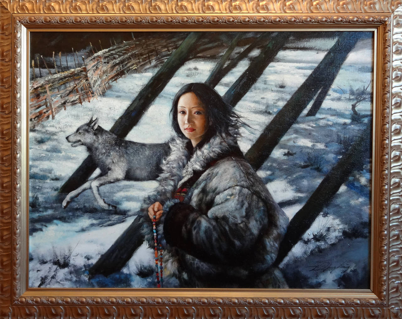 Girl With Wolf - Painting by Li Zhong Liang