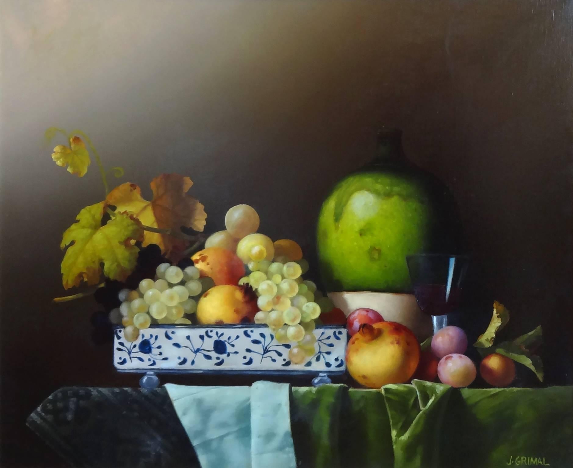 Jean Grimal Still-Life Painting – Schale mit Obst und Rotwein ( Bol avec Fruits et Vin Rouge)