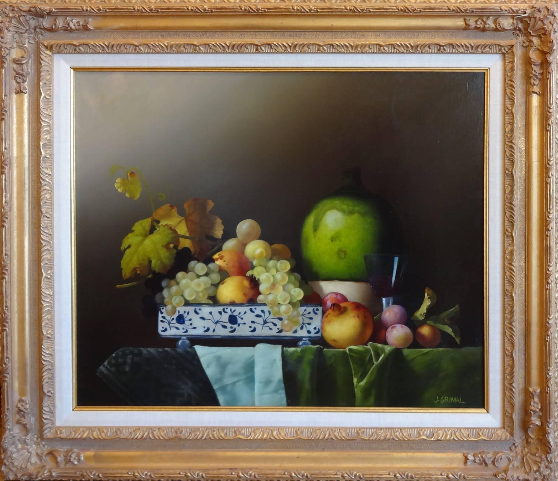 Bowl with Fruit and Red Wine (Bol avec Fruits et Vin Rouge) - Painting by Jean Grimal