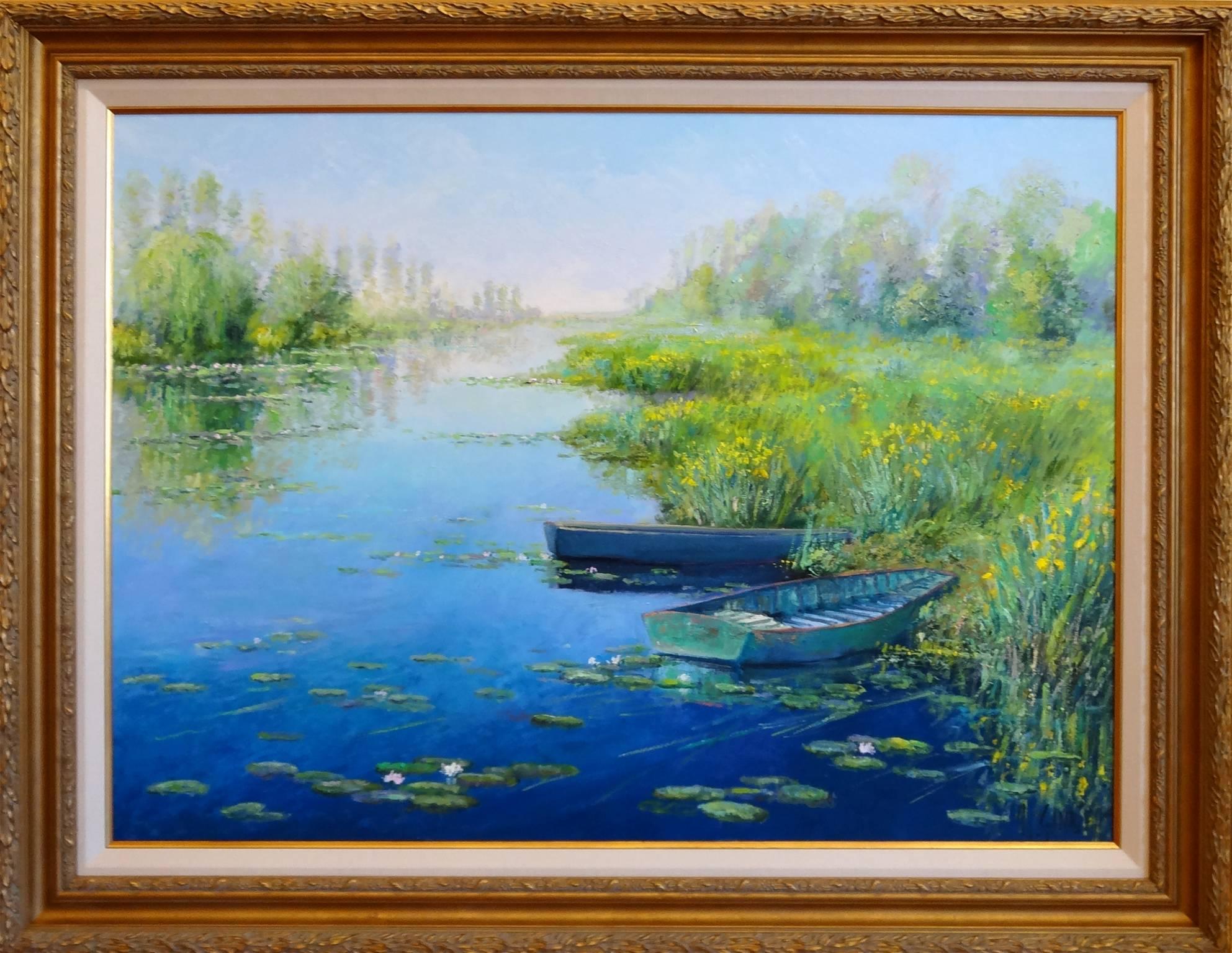 Iris dans le Grand Etang (Irises in the Big Pond) - Painting by Daniel Sannier