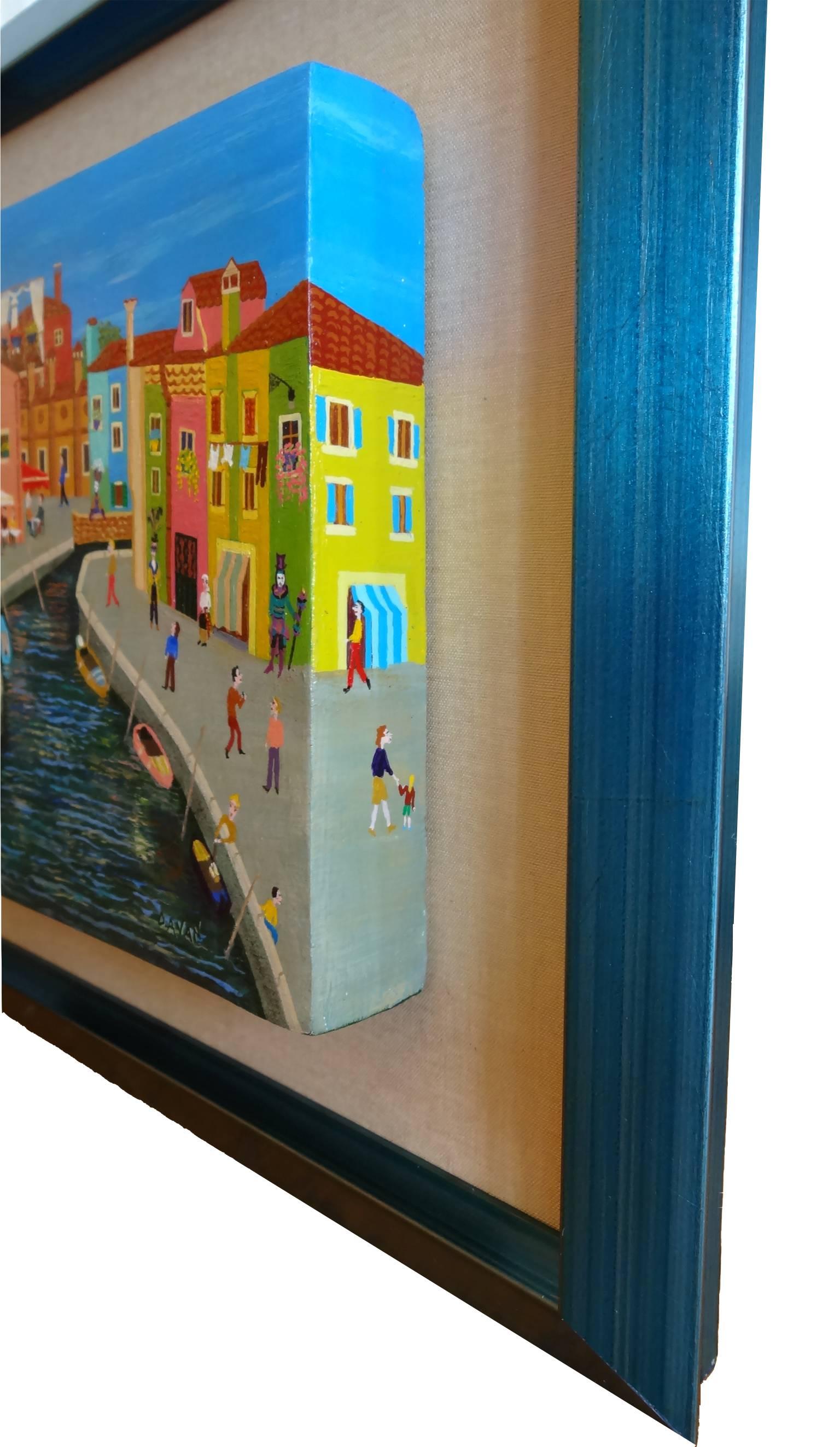 This cheery scene captures the vibrant island of Burano, Italy in the Venetian lagoon. Wanda Davan paints the rainbow colored buildings and complements them with the wonderful energy of the people walking the streets. She uses metallic paint as an