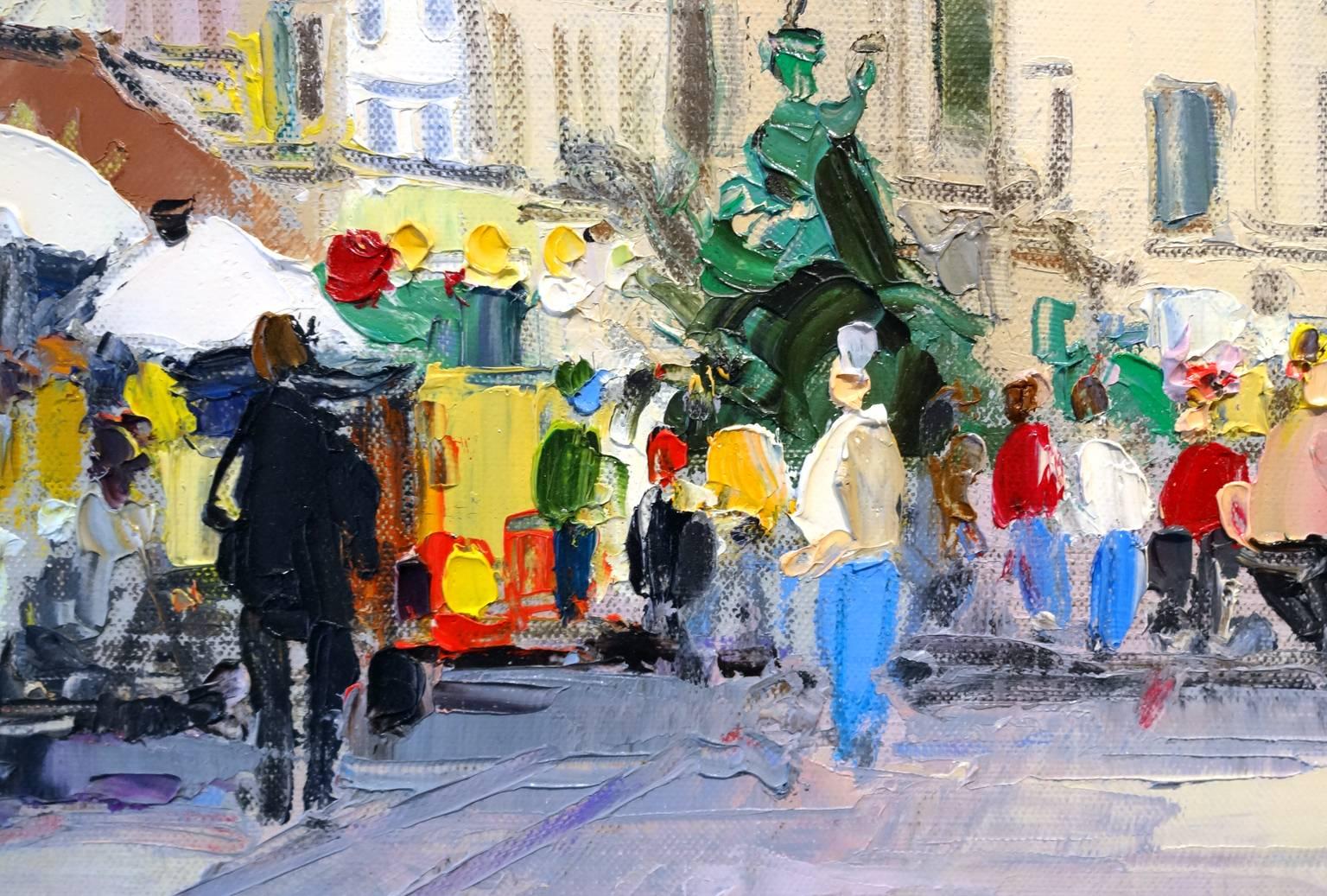 This lively scene along the Riva Degli Schiavoni in Venice is painted by French artist, Richard de Premare. The street to the left of the canal is bustling with people, cafes and brightly colored umbrellas. His impressionist style lends itself well