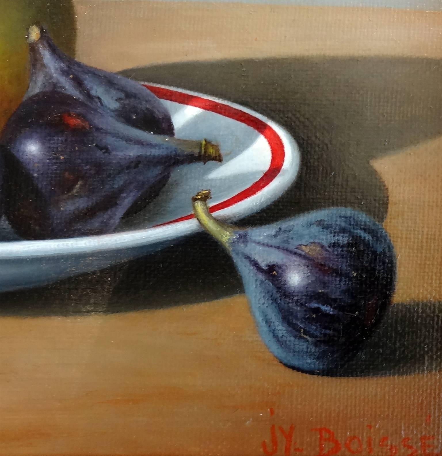 Figues, pomme, raisin, et rafraichissoir à Verre - Réalisme Painting par Jean-Yves Boissé