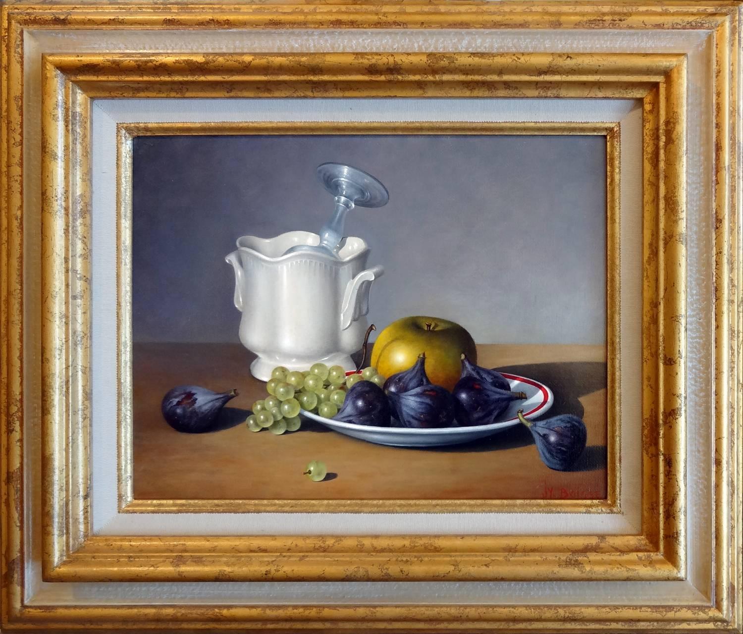 Figues, pomme, raisin, et rafraichissoir à Verre - Painting de Jean-Yves Boissé