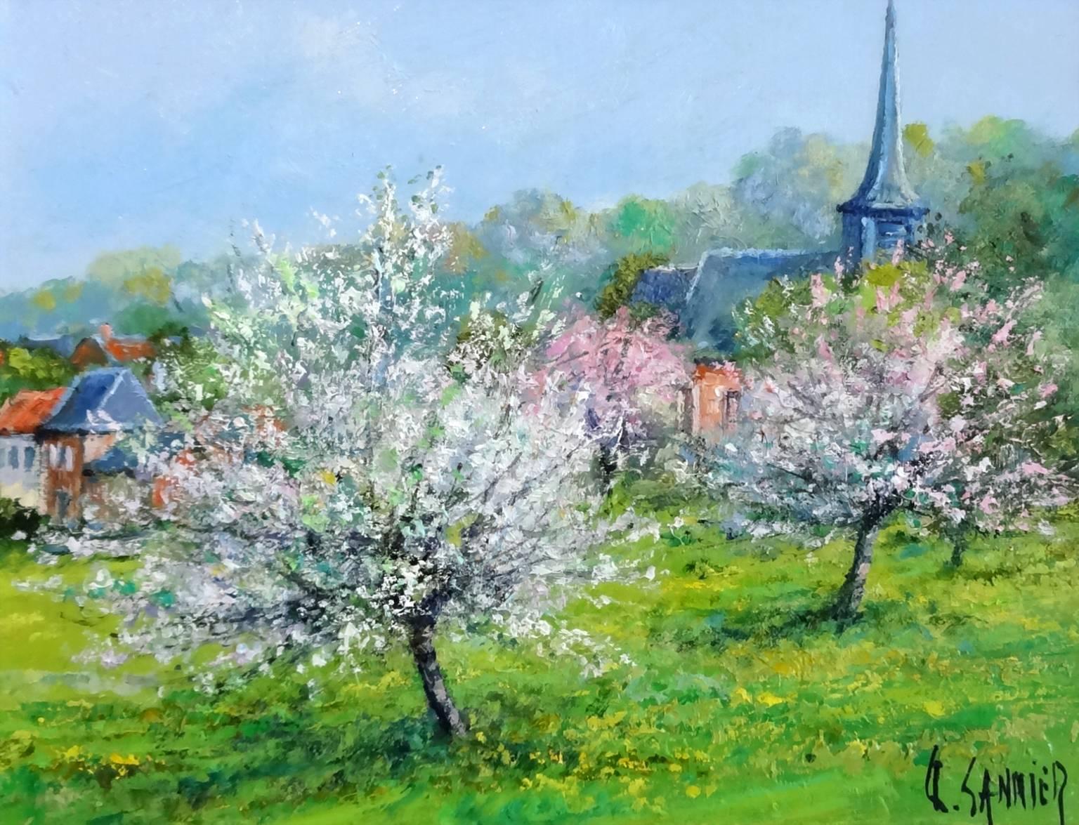Daniel Sannier Landscape Painting - Apple Trees in Bloom (Pommiers en Fleurs, Village Picard)