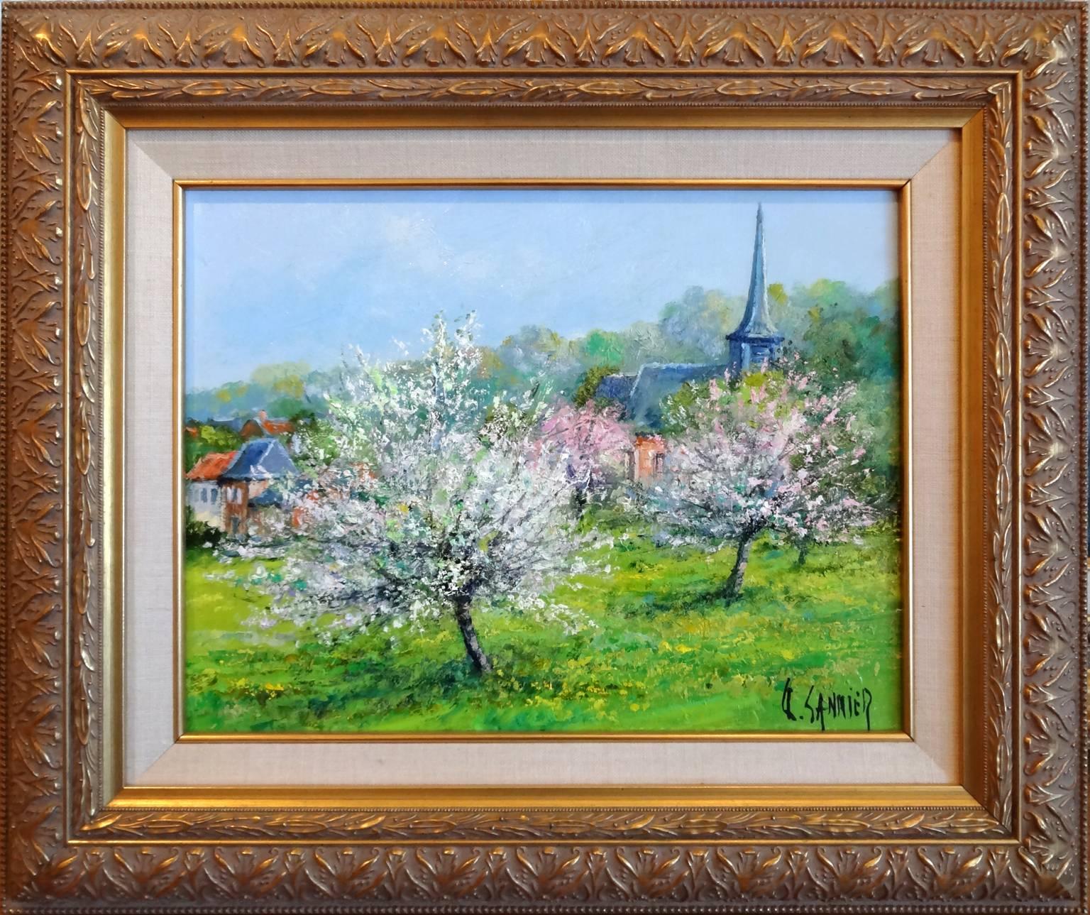 Apple Trees in Bloom (Pommiers en Fleurs, Village Picard) - Painting by Daniel Sannier