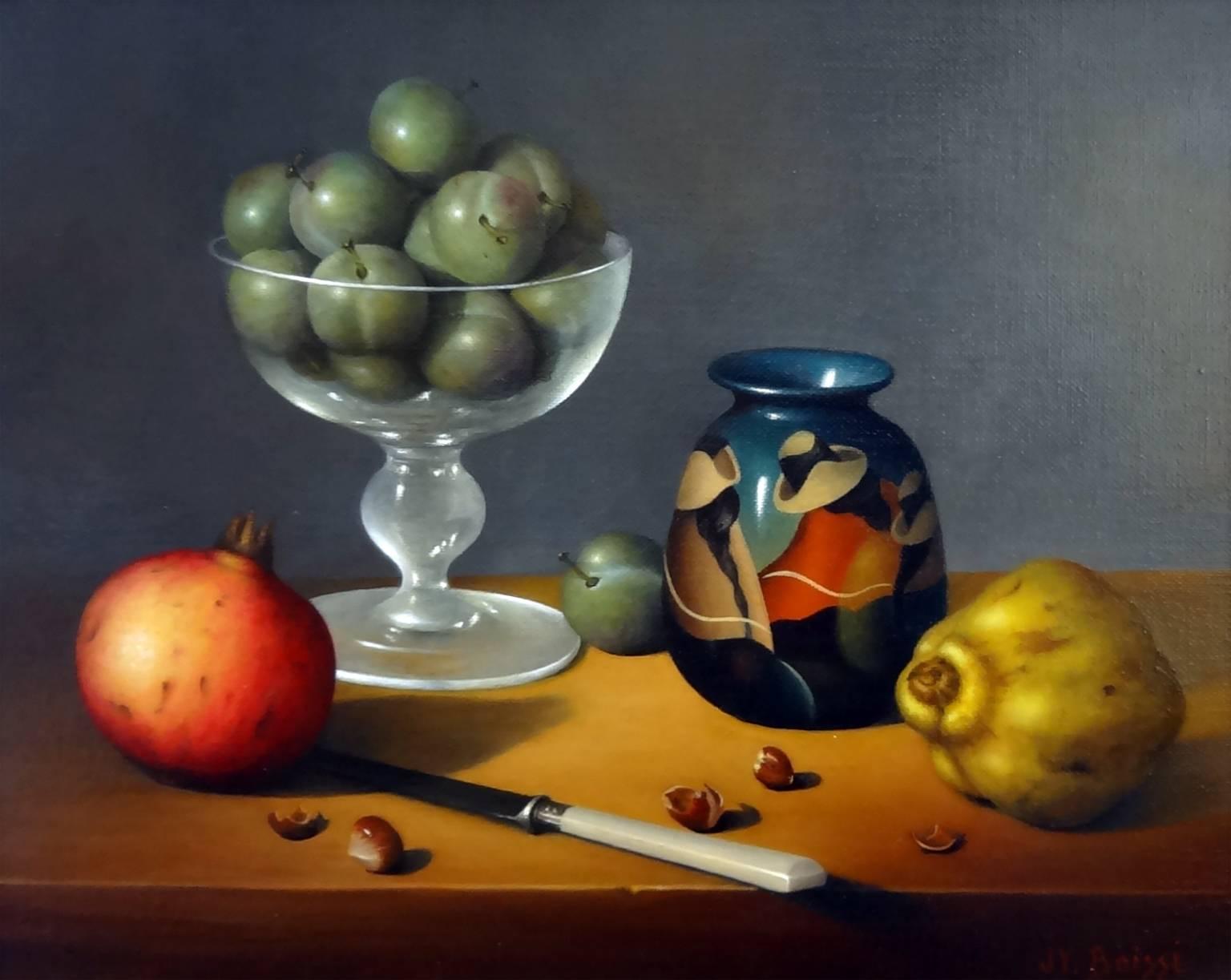 Jean-Yves Boissé Still-Life Painting – Reine Claude Pflaumen. Granatapfel und Quince (Reines claude, Granatapfel et Coing)