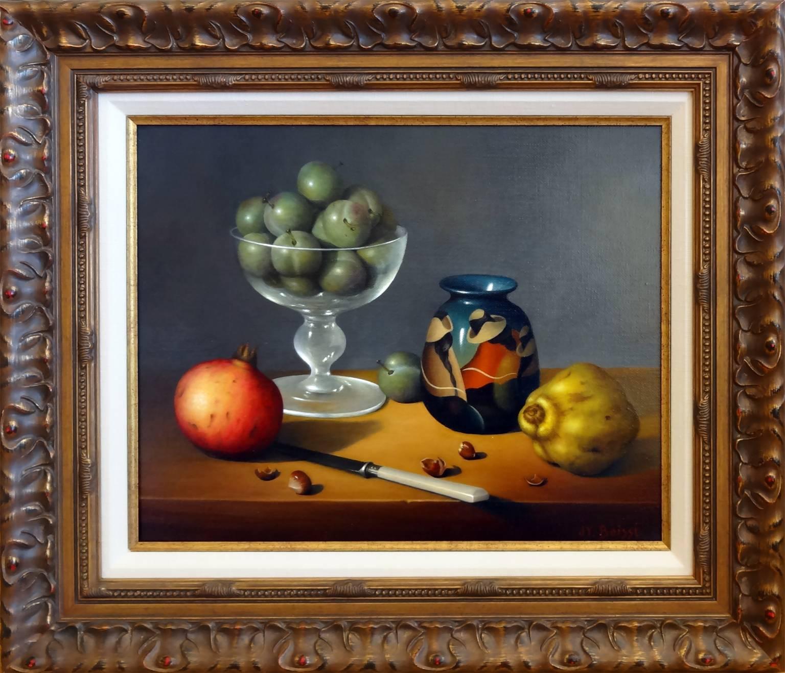 Reine Claude Pflaumen. Granatapfel und Quince (Reines claude, Granatapfel et Coing) – Painting von Jean-Yves Boissé