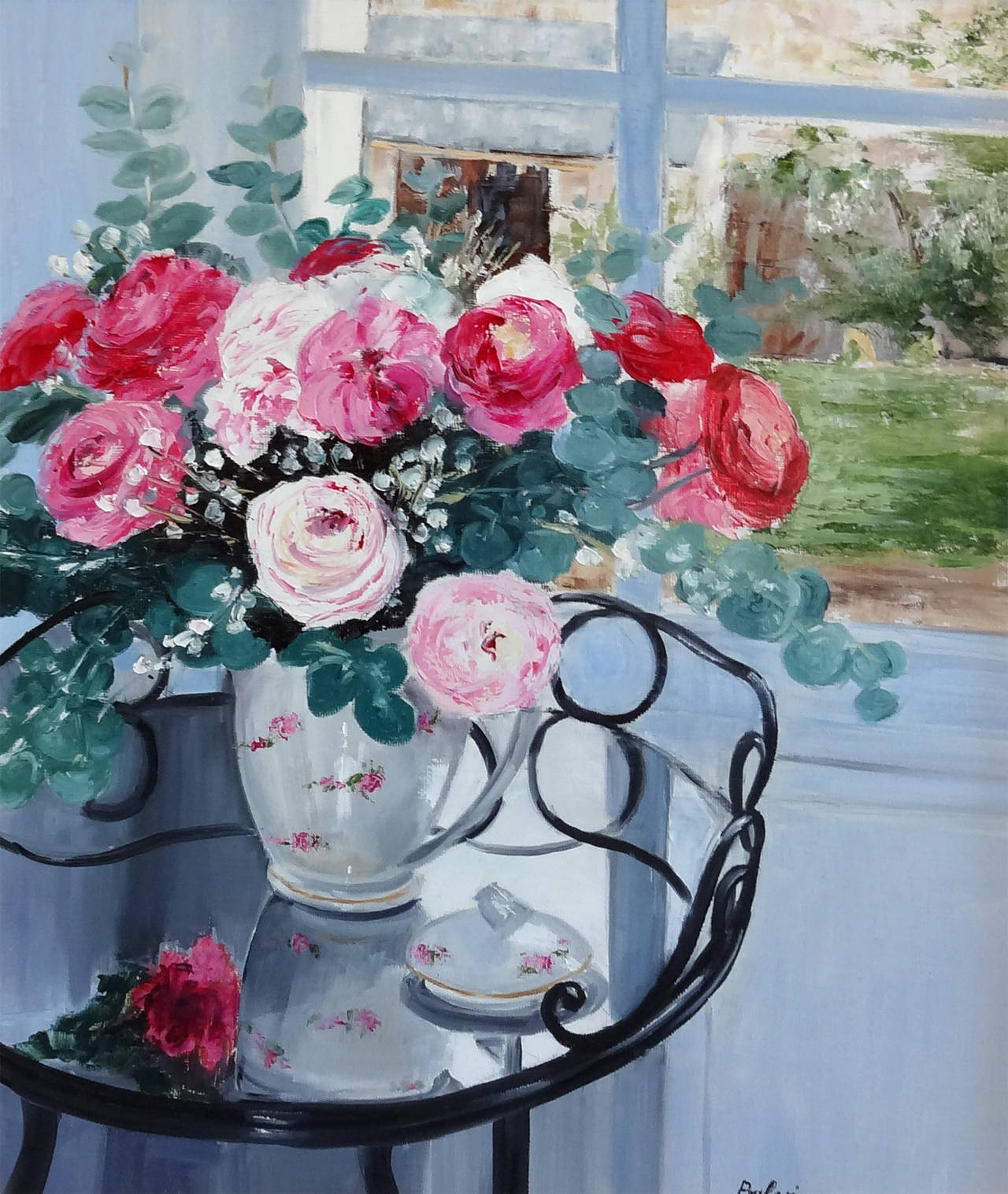 Simone Balvi Still-Life Painting – The bouquet in front of the window (Le Bouquet Devant la Fenetre)