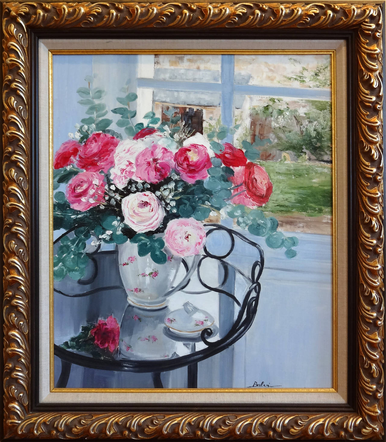 The bouquet in front of the window (Le Bouquet Devant la Fenetre) - Painting by Simone Balvi