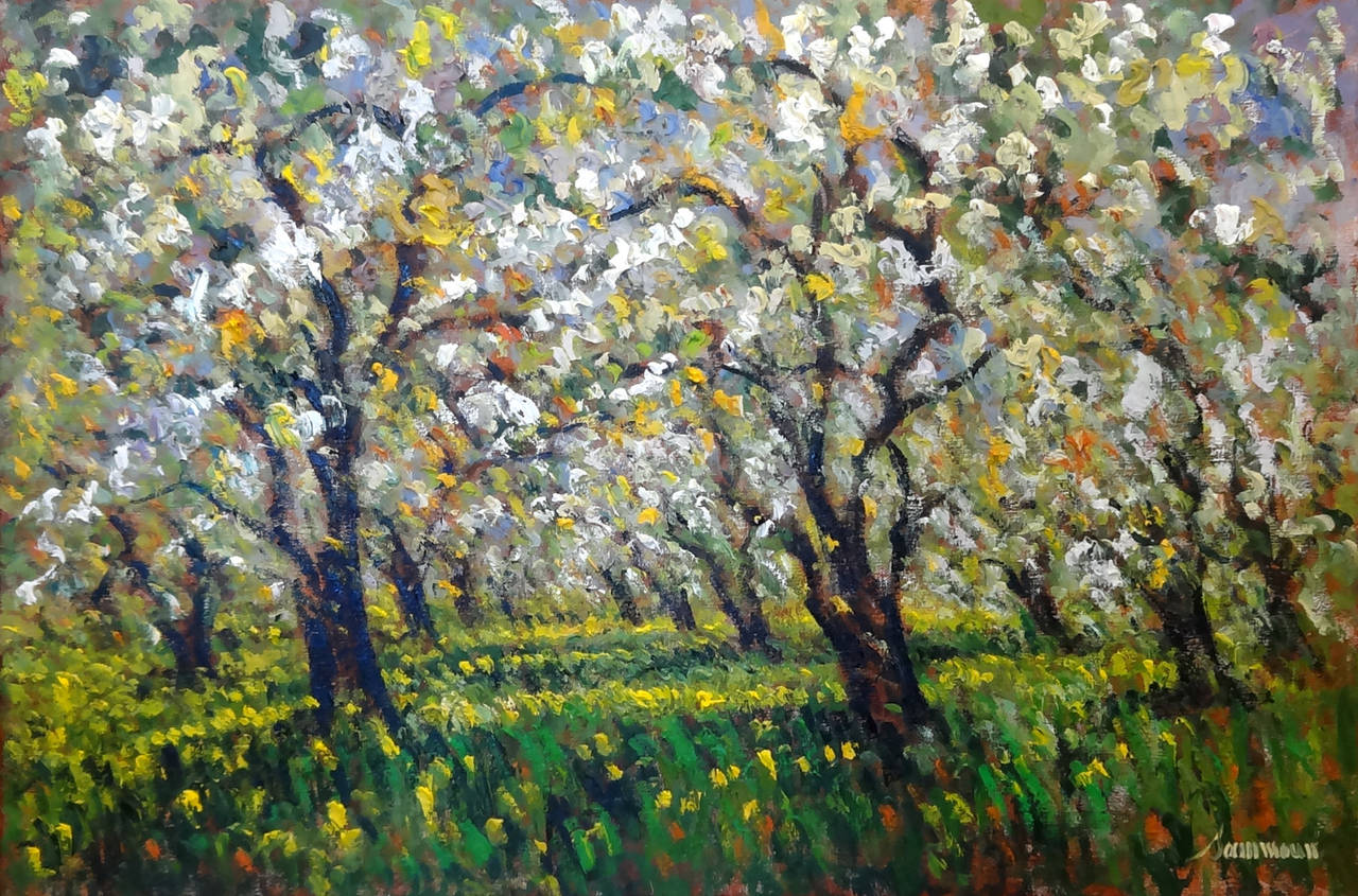 Samir Sammoun Landscape Painting - Verger en Fleurs (Orchard in Bloom)
