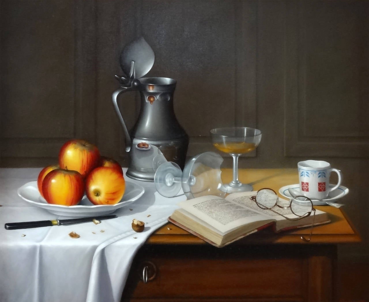 Still-Life Painting Jean-Yves Boissé - Fruits, Livre et Lunette