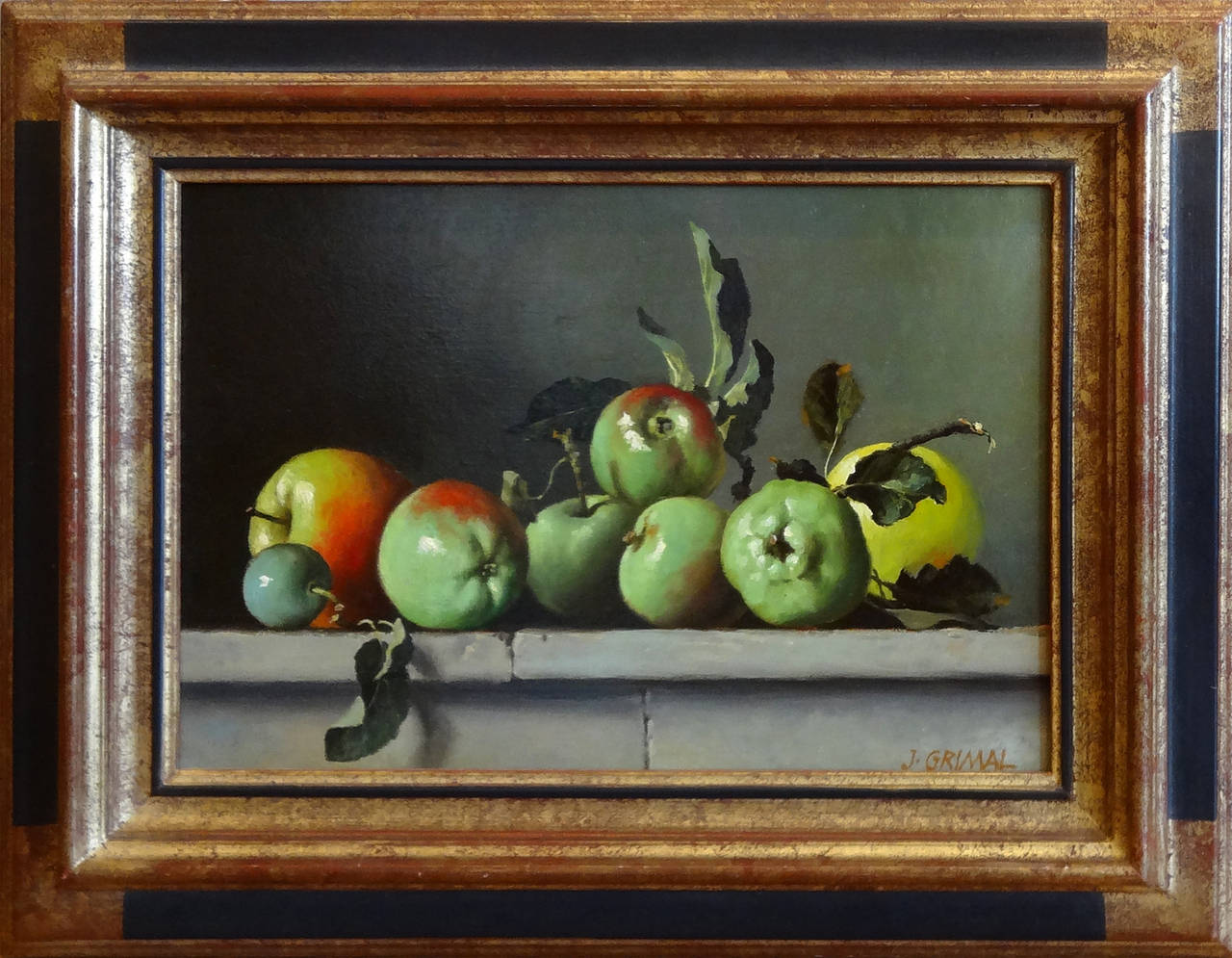 Green Apples, Still Life (Nature Morte, Pommes Vertes) - Painting by Jean Grimal