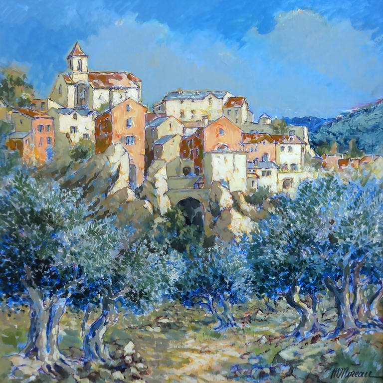 Michel Moreau Figurative Painting - Village de Provence Aux Oliviers