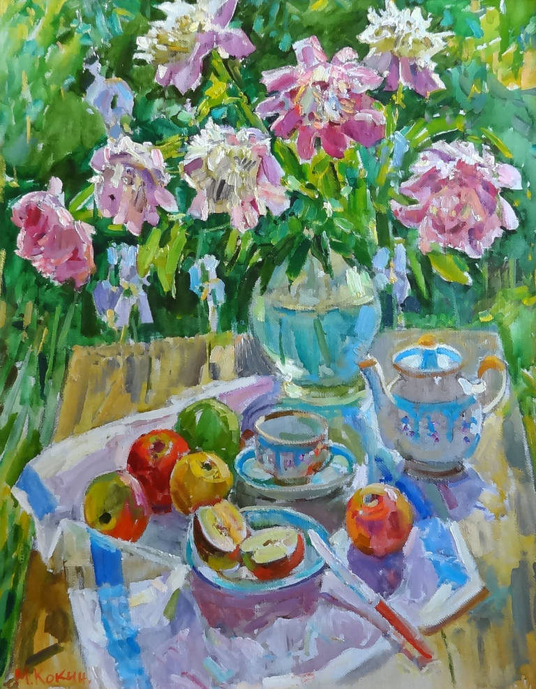 Mikhail Kokin Still-Life Painting – Rosas y Manzanas (Roses and Apples)