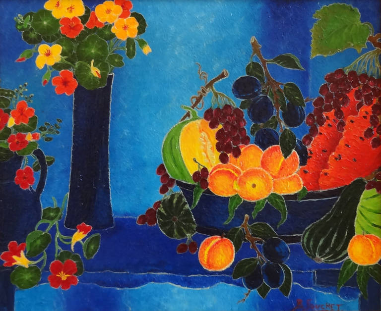 Bernard Fouchet Still-Life Painting - Composition Fleurs et Fruit