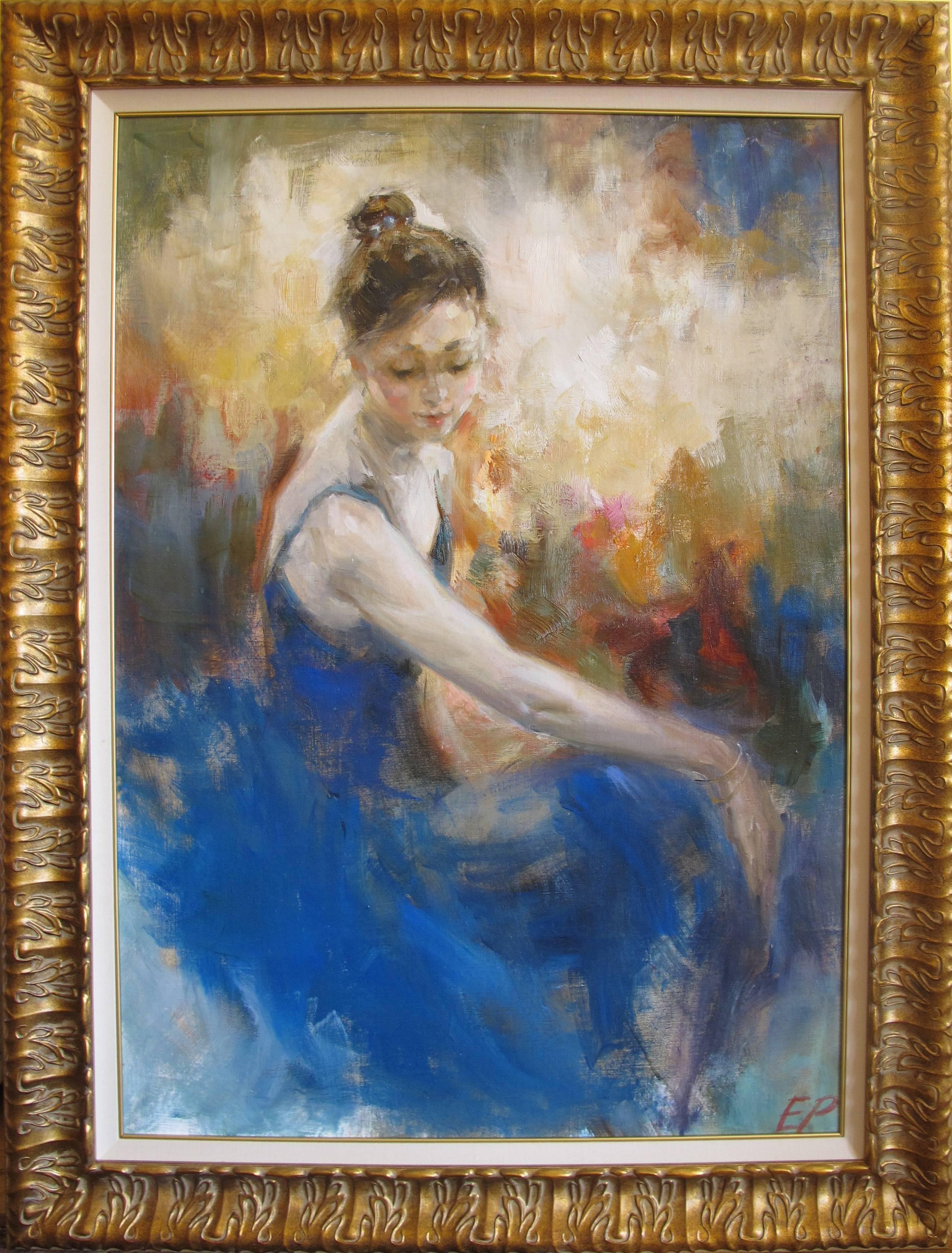 Das Mädchen in Blau – Painting von Elena Rezayeva