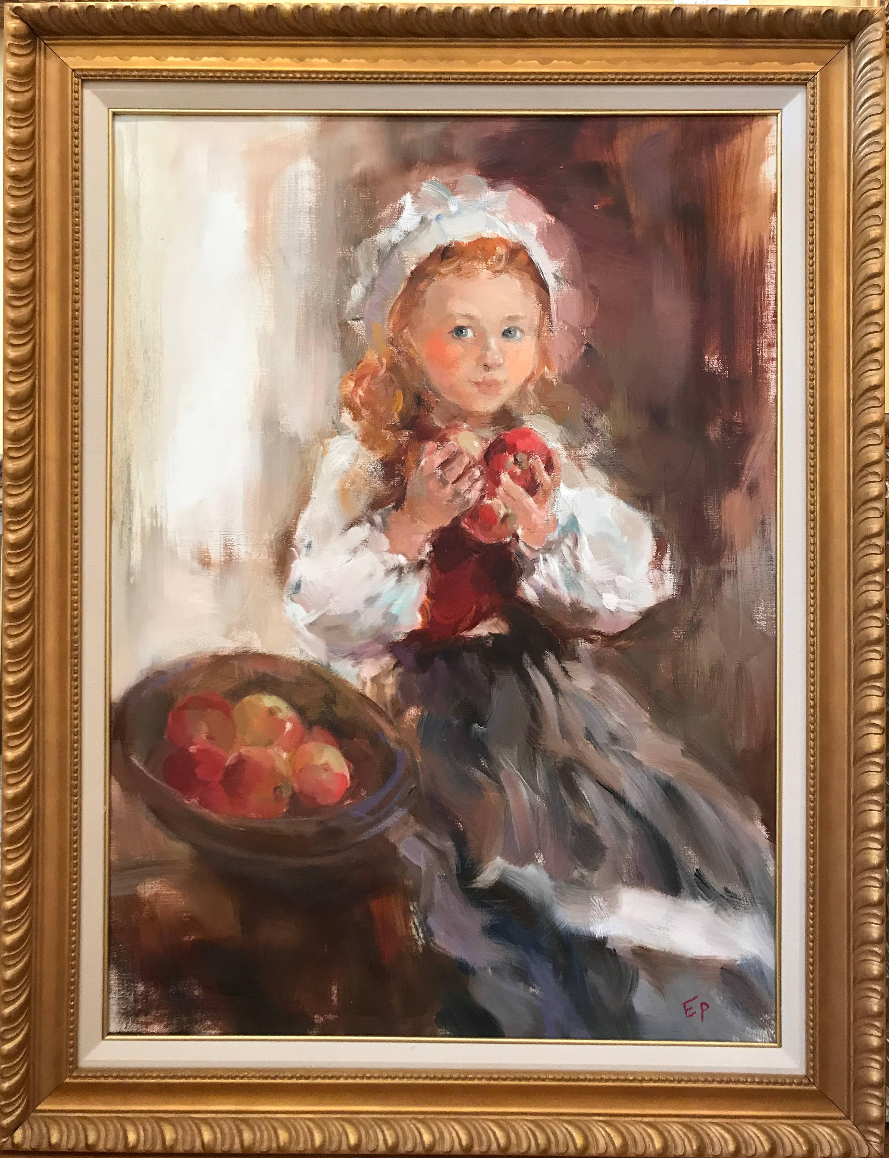 Little Girl with Apples - Painting by Elena Rezayeva