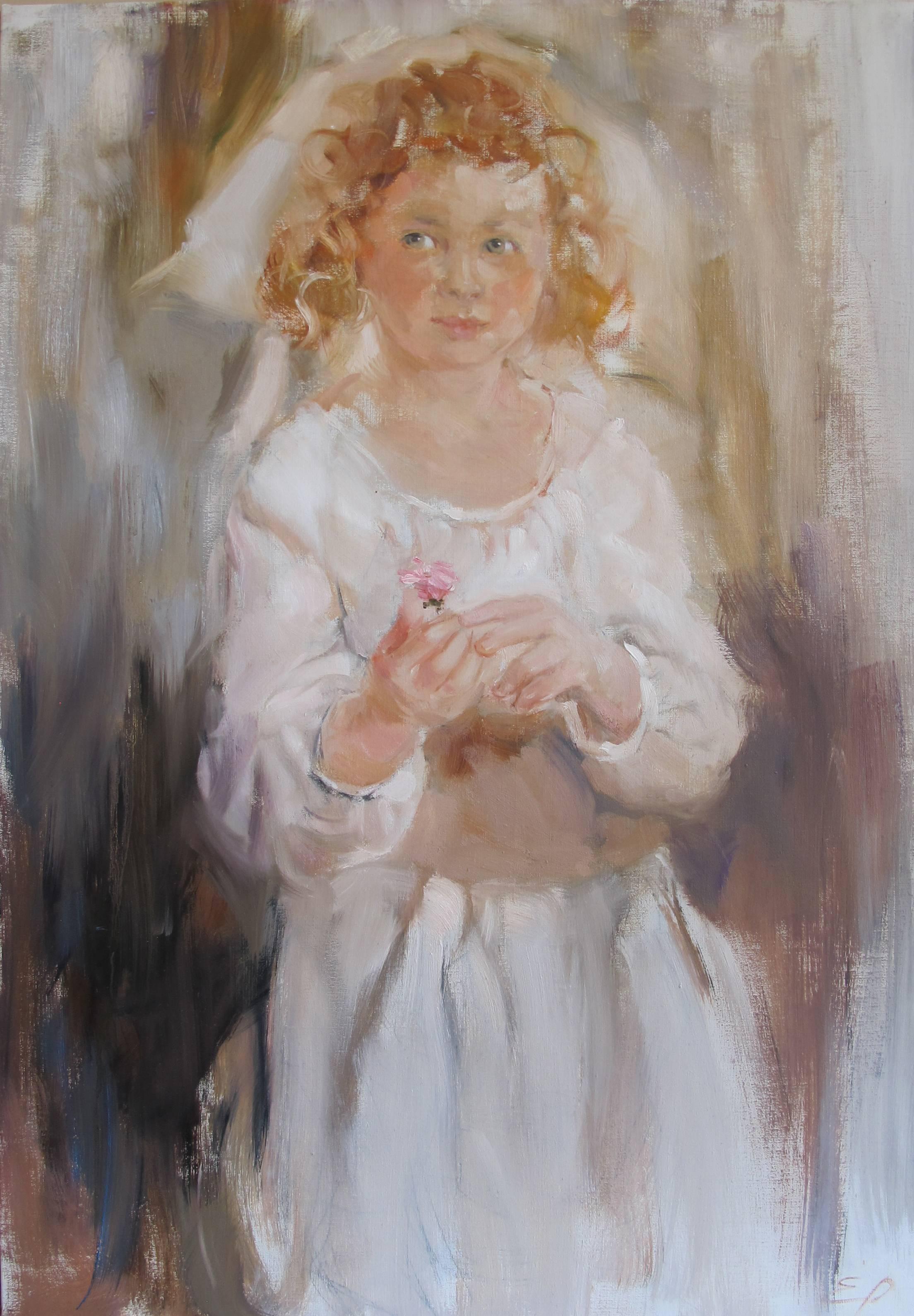 Elena Rezayeva Figurative Painting – Little Girl with Pink Rose