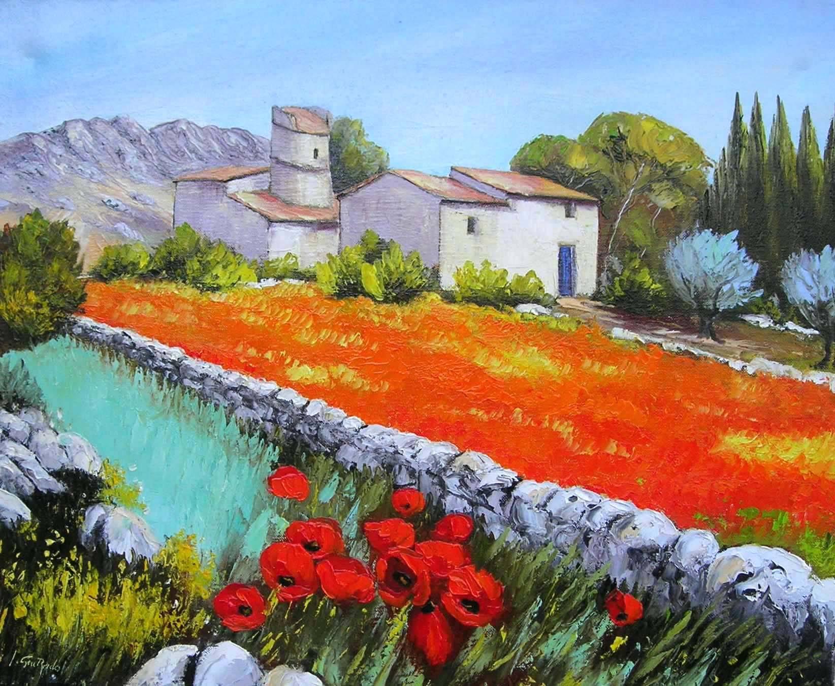 Alain Guirado Landscape Painting - Le Muret Aux Coquelicots