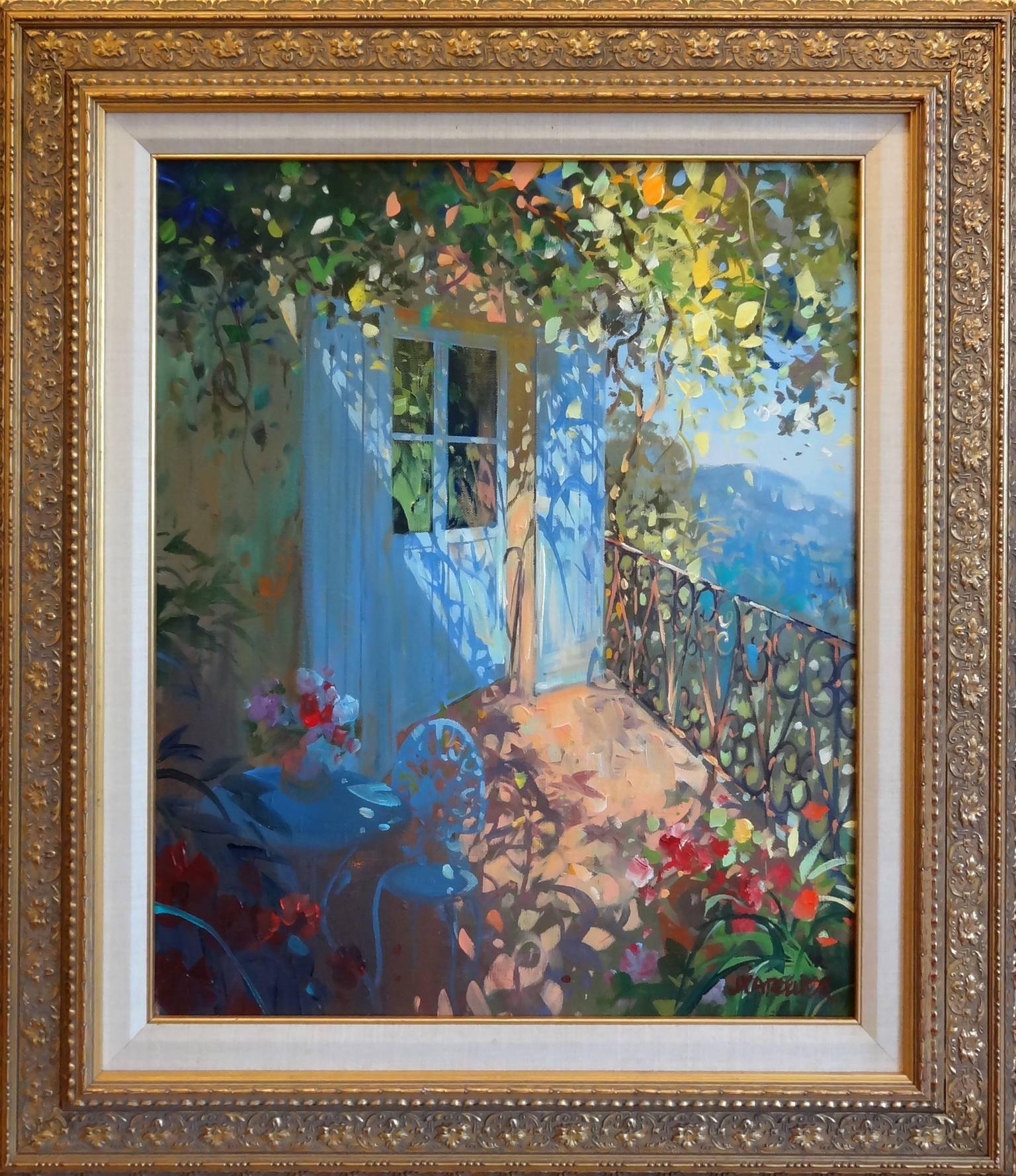 The Blue Shutters (Les Volets Bleus) - Painting by Laurent Parcelier