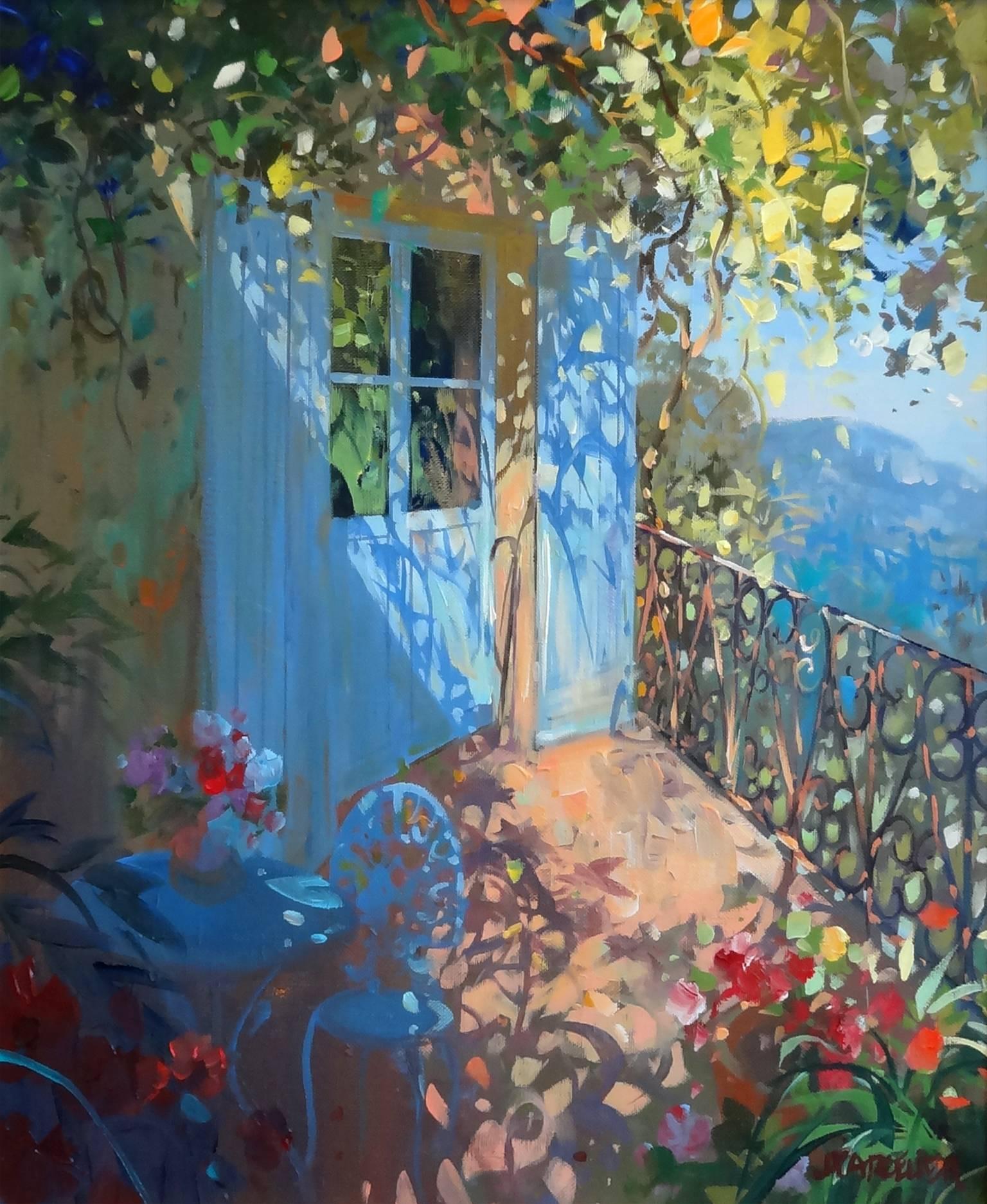 Laurent Parcelier Still-Life Painting - The Blue Shutters (Les Volets Bleus)