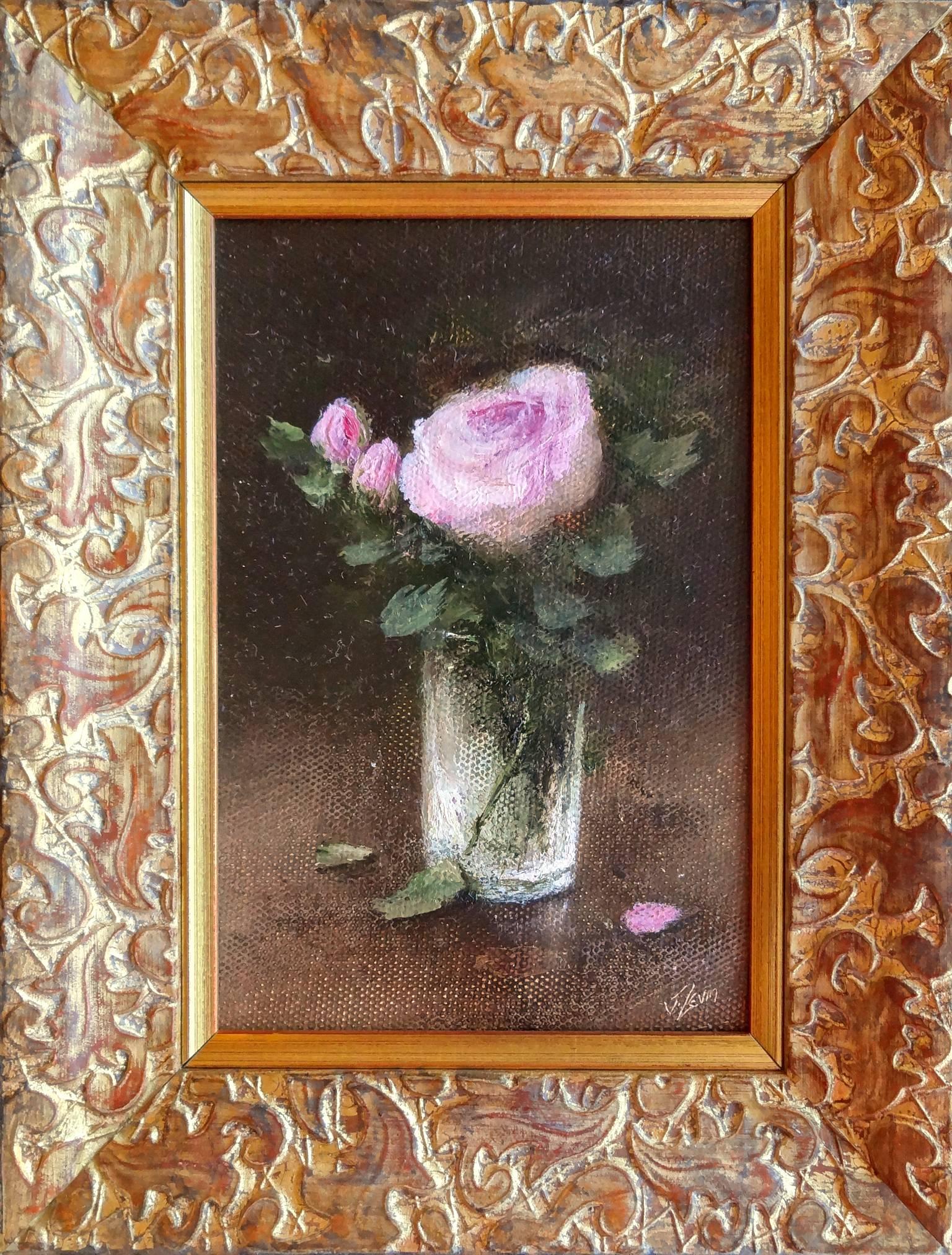 Pink Roses in Vase - Painting by Judith Levin