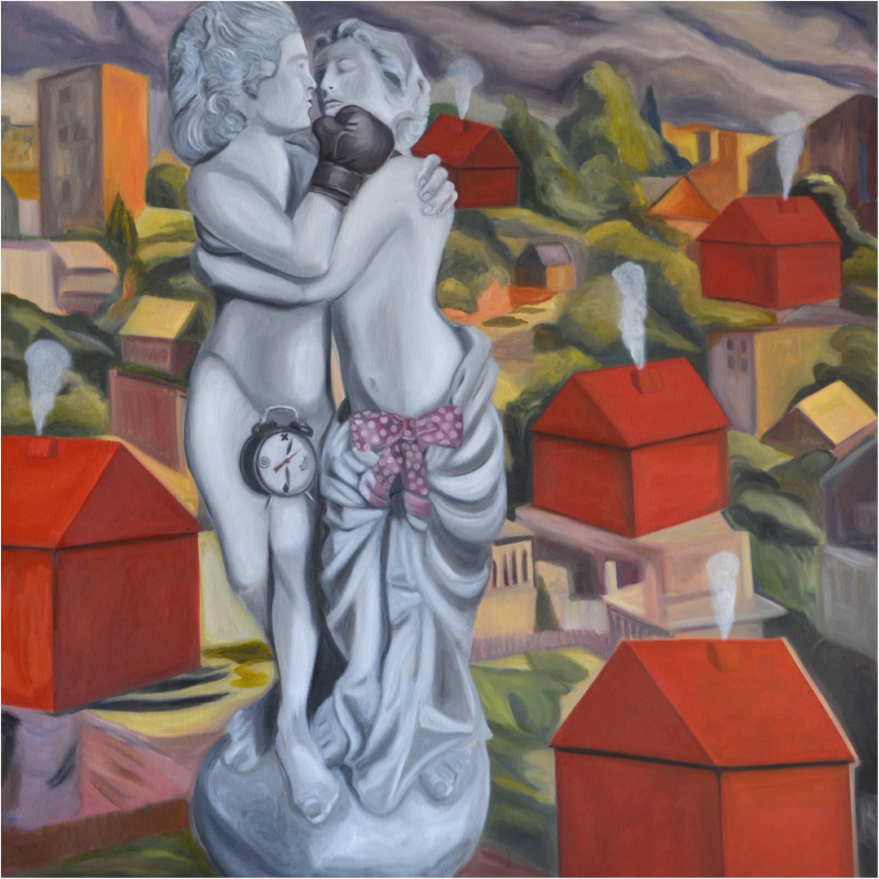 Barry Wolfryd Figurative Painting - Factories of Love, Oil, Encaustic on Canvas, Contemporary Art