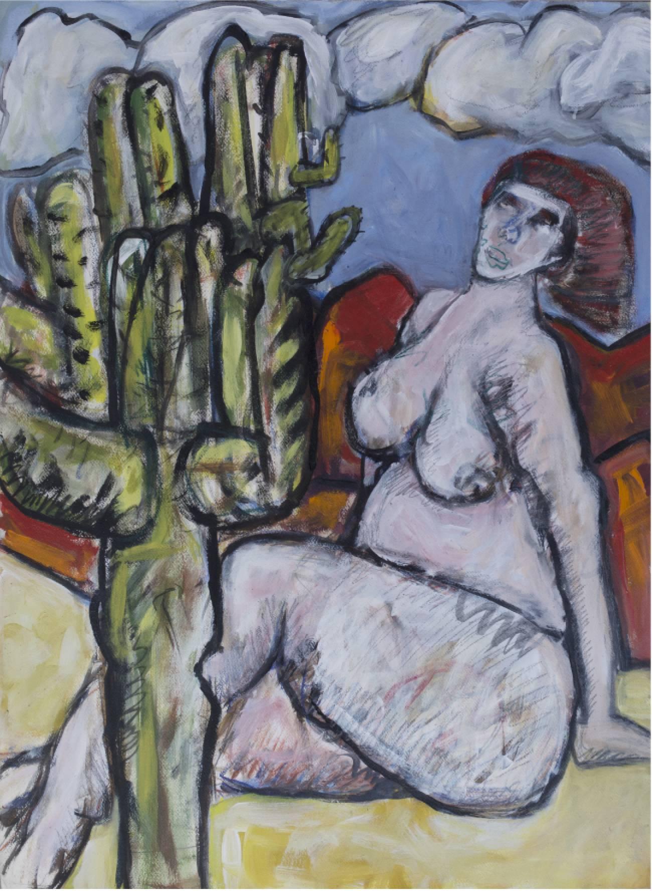 Barry Wolfryd Nude Painting - Nude with Cactus, Mixed Media on Paper, Contemporary Art