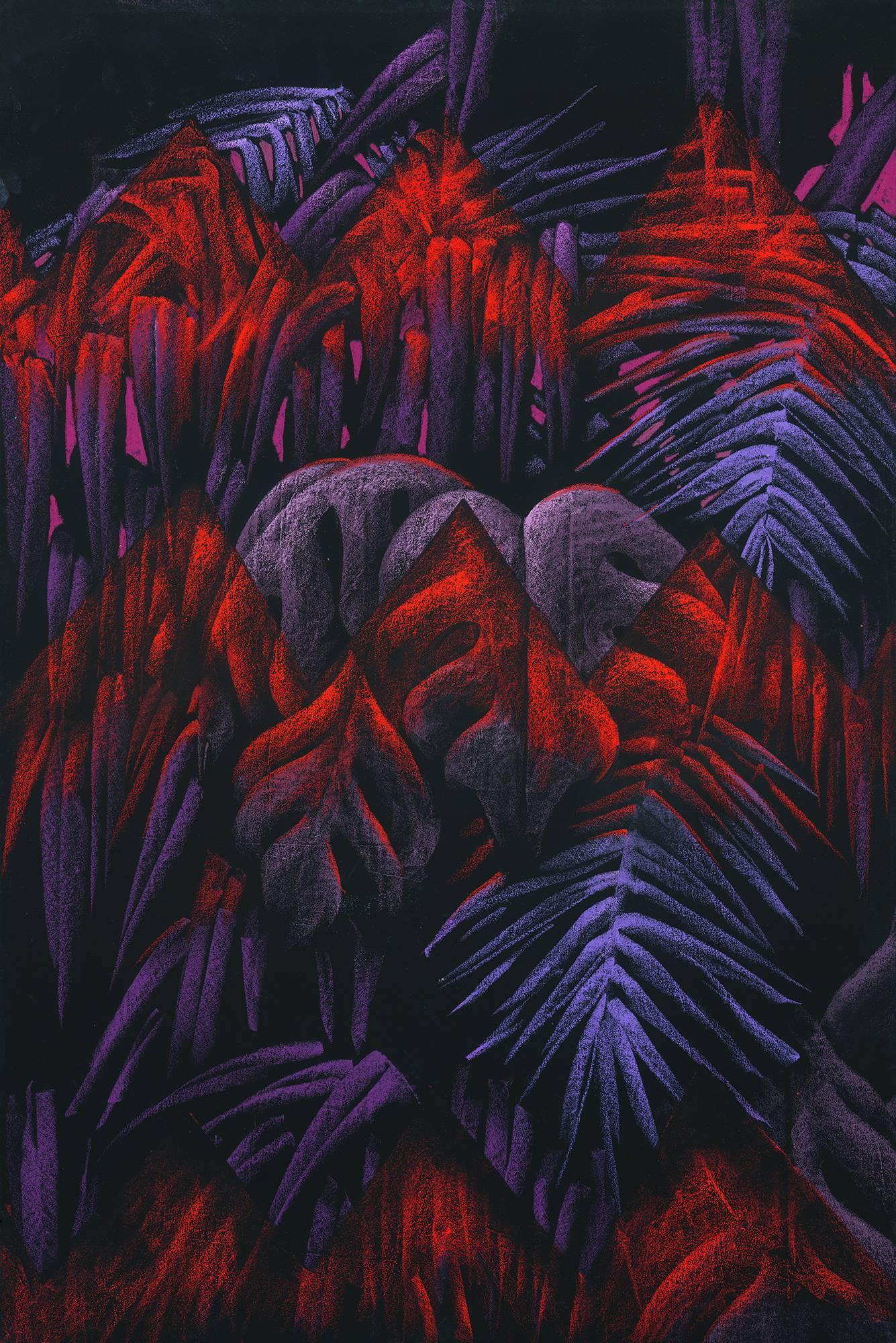 Painting and oil pastel on Paper "Purple Orange Jungle" - Mixed Media Art by Julien Colombier