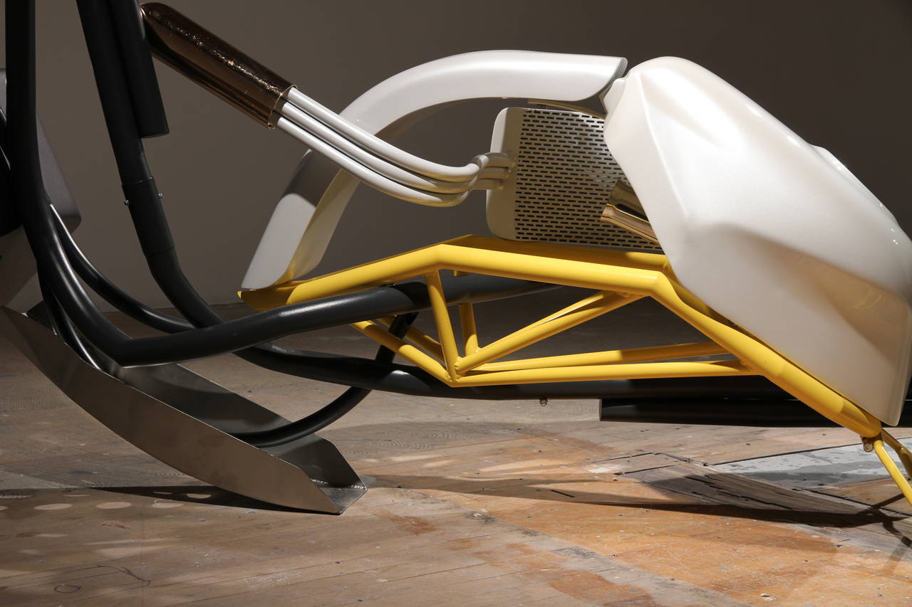 Brandon Vickerd’s current show at Art Mûr brings together three sculptural pieces that undress and re-situate the Chopper: that iconic assertion of individuality, masculinity, and speed, pushed to new levels through mechanical re-imagining. Biker