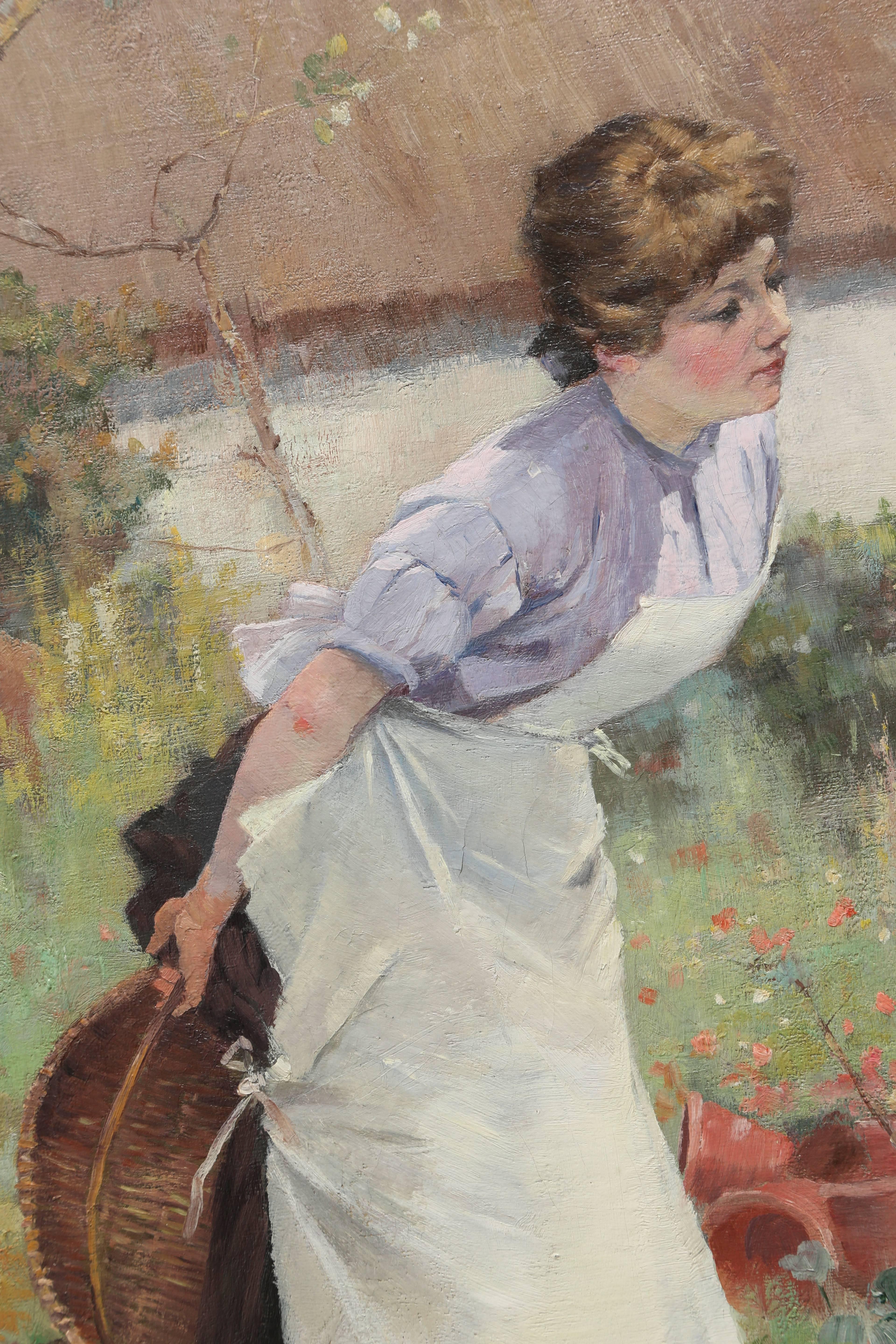 Charming late 19th century painting depicting a young woman inspecting the bee skeps, baskets used to house bees, in a working garden by Scottish artist David Fulton.  Signed and dated lower left.  Measurements noted are framed: canvas is 24 1/8