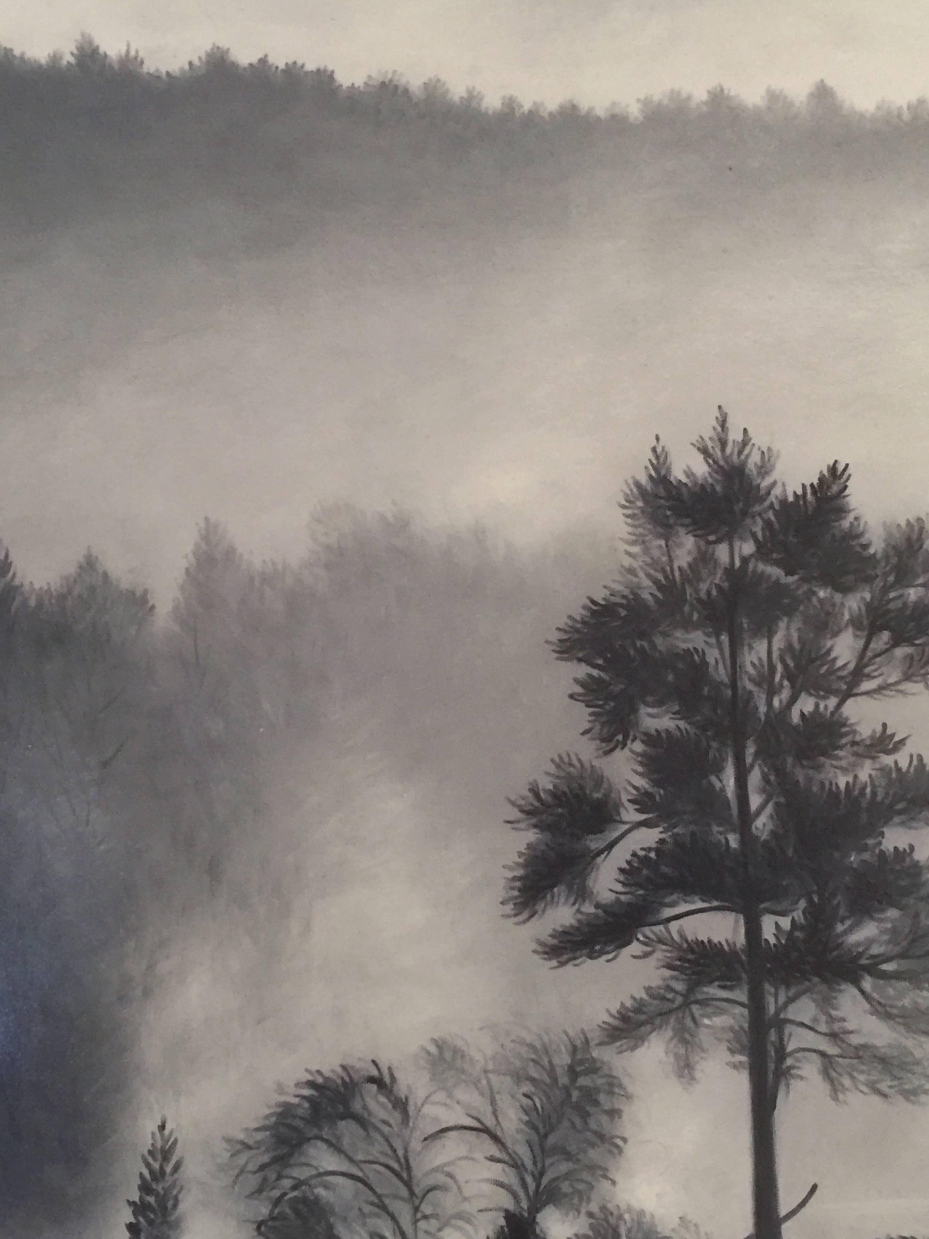 Kun infuses traditional Hudson River School images of nature, particularly Thomas Cole, Frederic Edwin Church and Albert Bierstadt. His painstaking attention to detail and composition of fantasy landscapes on canvas are updated with contemporary