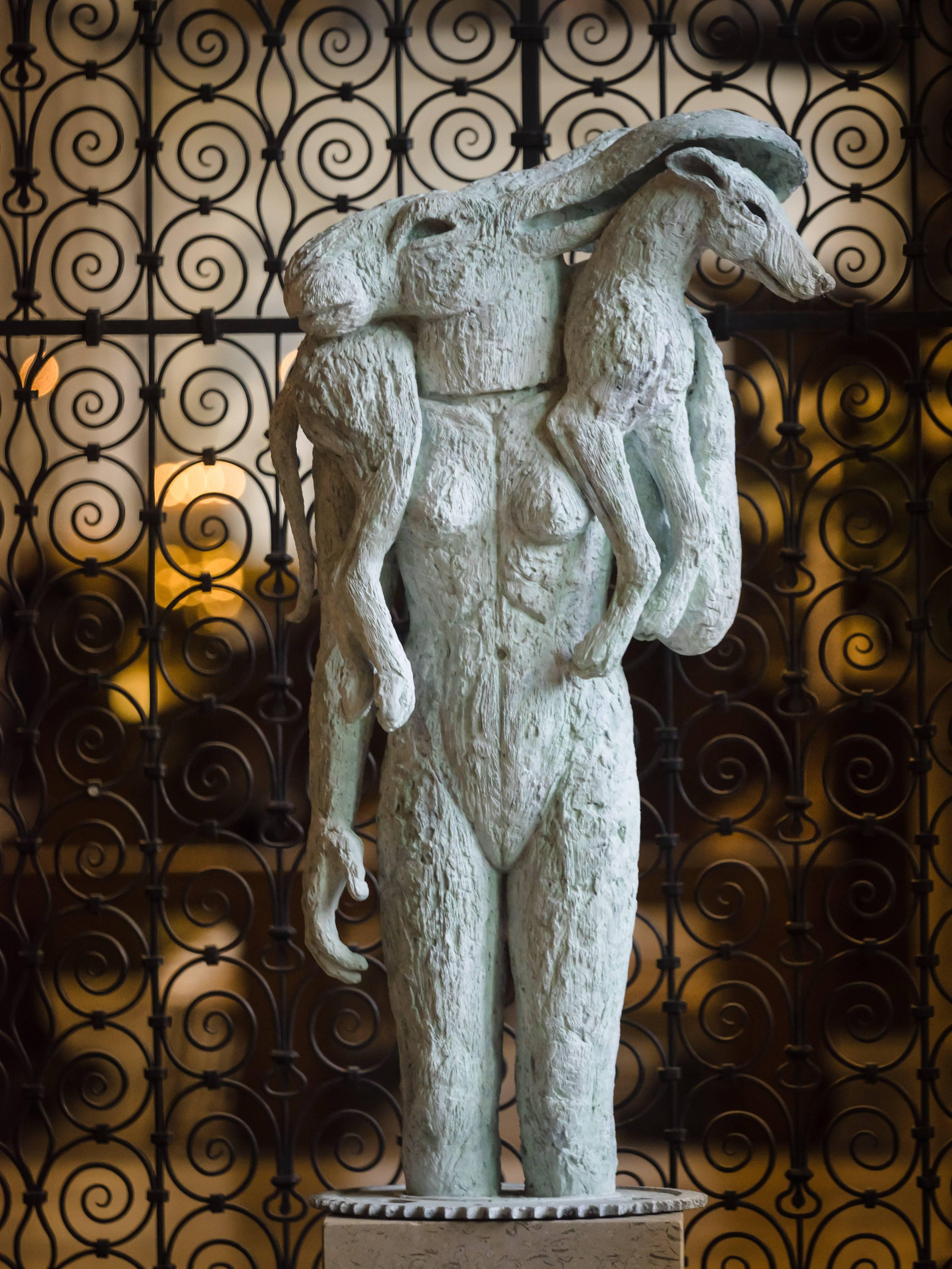 Sophie Ryder Figurative Sculpture - Girl with Dog on Shoulders