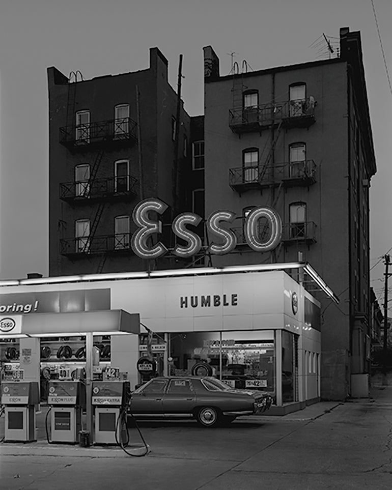 George Tice Black and White Photograph - Esso Station and Tenement House, Hoboken, NJ,