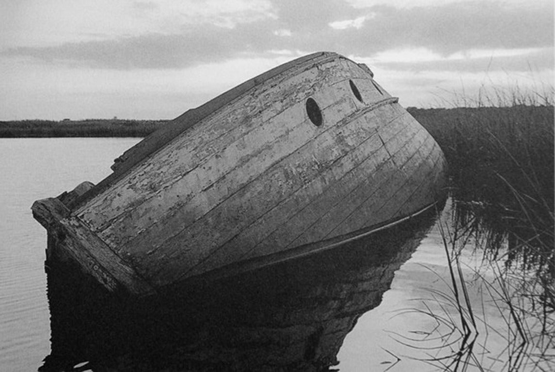 George Tice Black and White Photograph - Wrecked Boat, Cheesequake Creek, Morgan, NJ