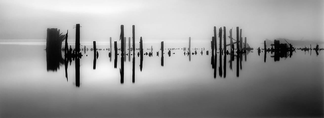 Brian Kosoff Black and White Photograph - Pier Pilings in Still Water