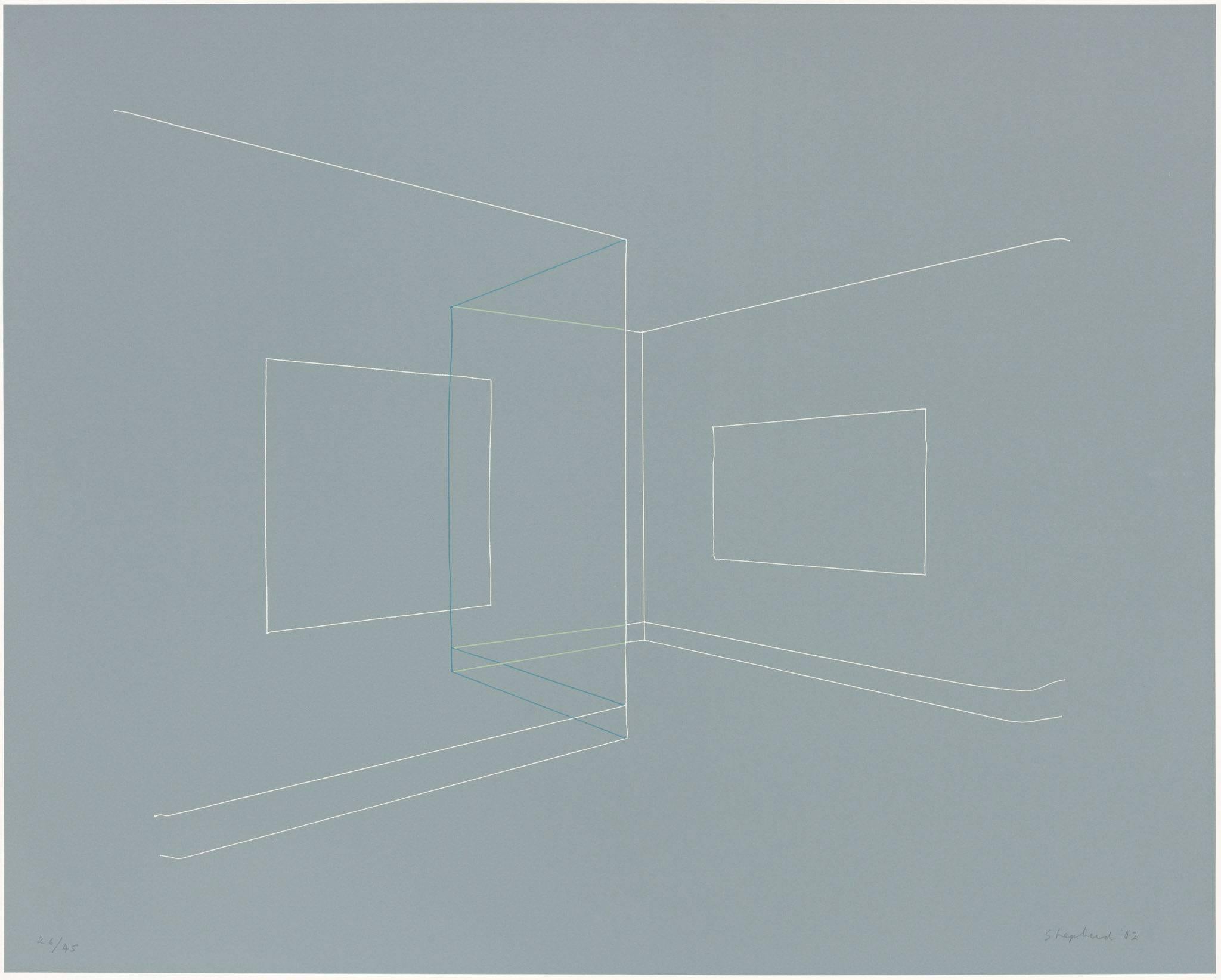 Kate Shepherd Abstract Print - Floating Image, Transparent Walls, Thread Lines on Grey