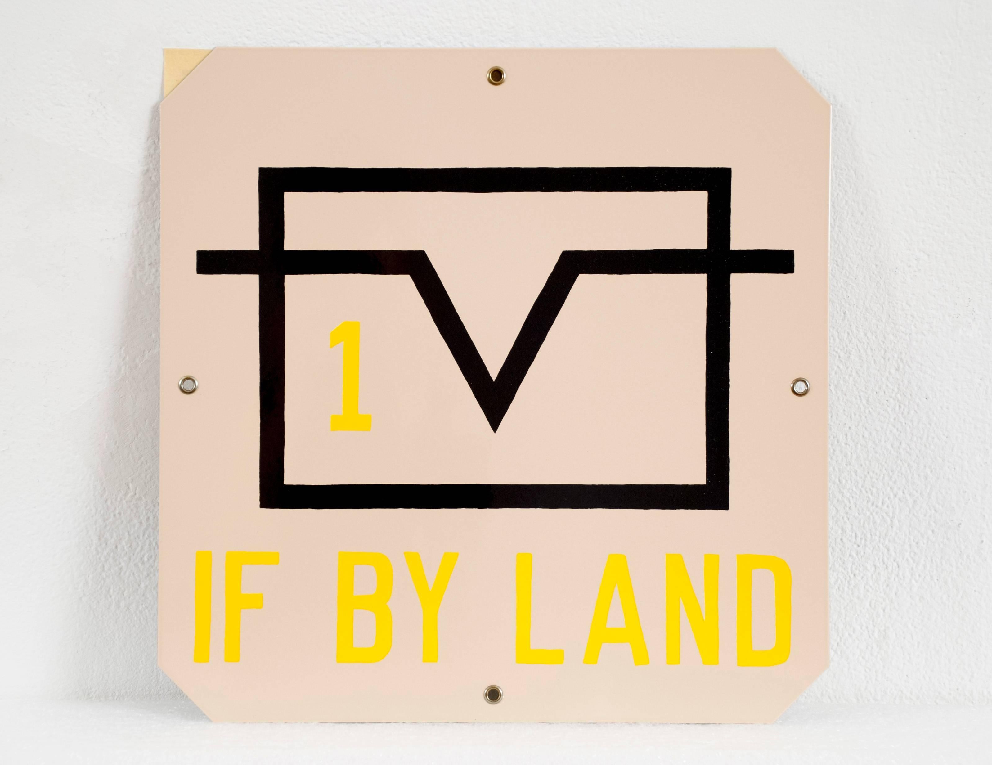 Lawrence Weiner
& Across the Great Divide, 1991
Baked enamel on three metal sheets
1 part: 12 x 36 in. (30.5 x 91.4 cm.)
2 parts: 12 x 12 in. (30.5 x 30.5 cm.) each
Edition of 45

This unique work by Lawrence Weiner, that comes in three