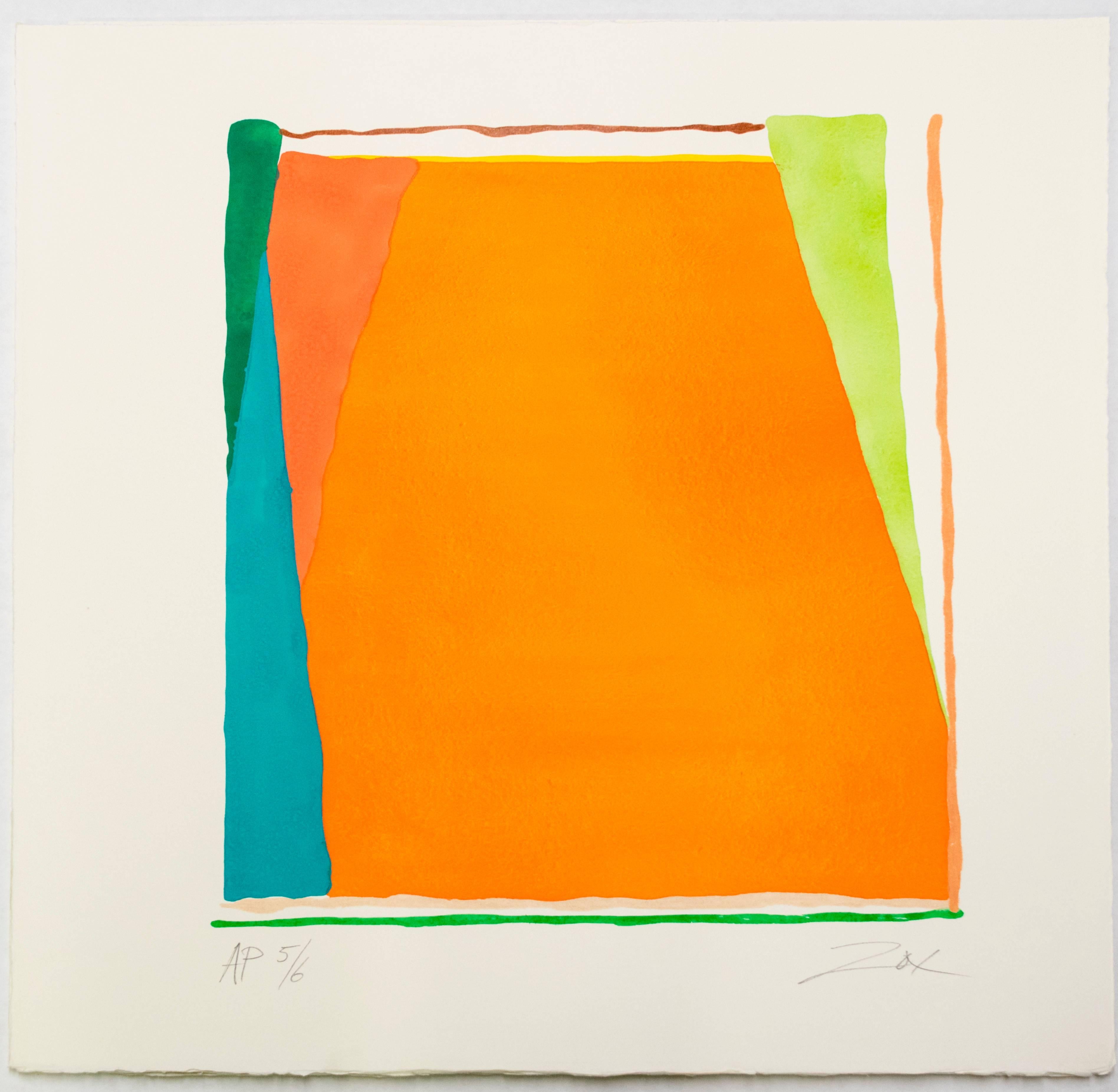 Larry Zox
Untitled (Pochoir I-V) State II, 1976
Suite of five color stencil prints, printed with water-colors and gouache
23 1/8 x 22 in. (58.7 x 55.9 cm.) each
Edition of 20, AP 1/6; except IV (orange) AP 5/6  

Larry Zox was an American Lyrical