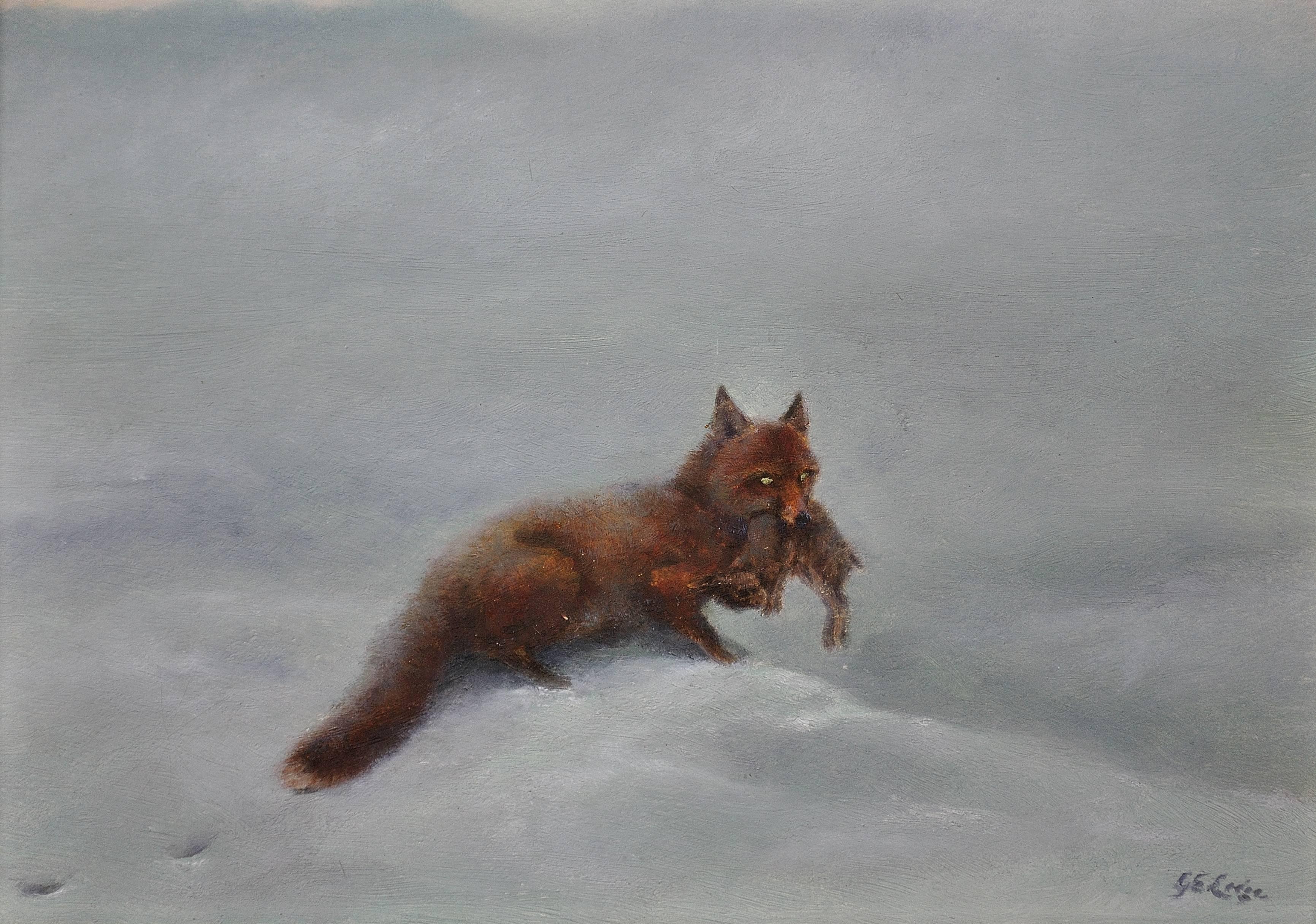 Fox with Leveret amongst snow fields. One of the wildlife greats of all time. - Painting by George Lodge